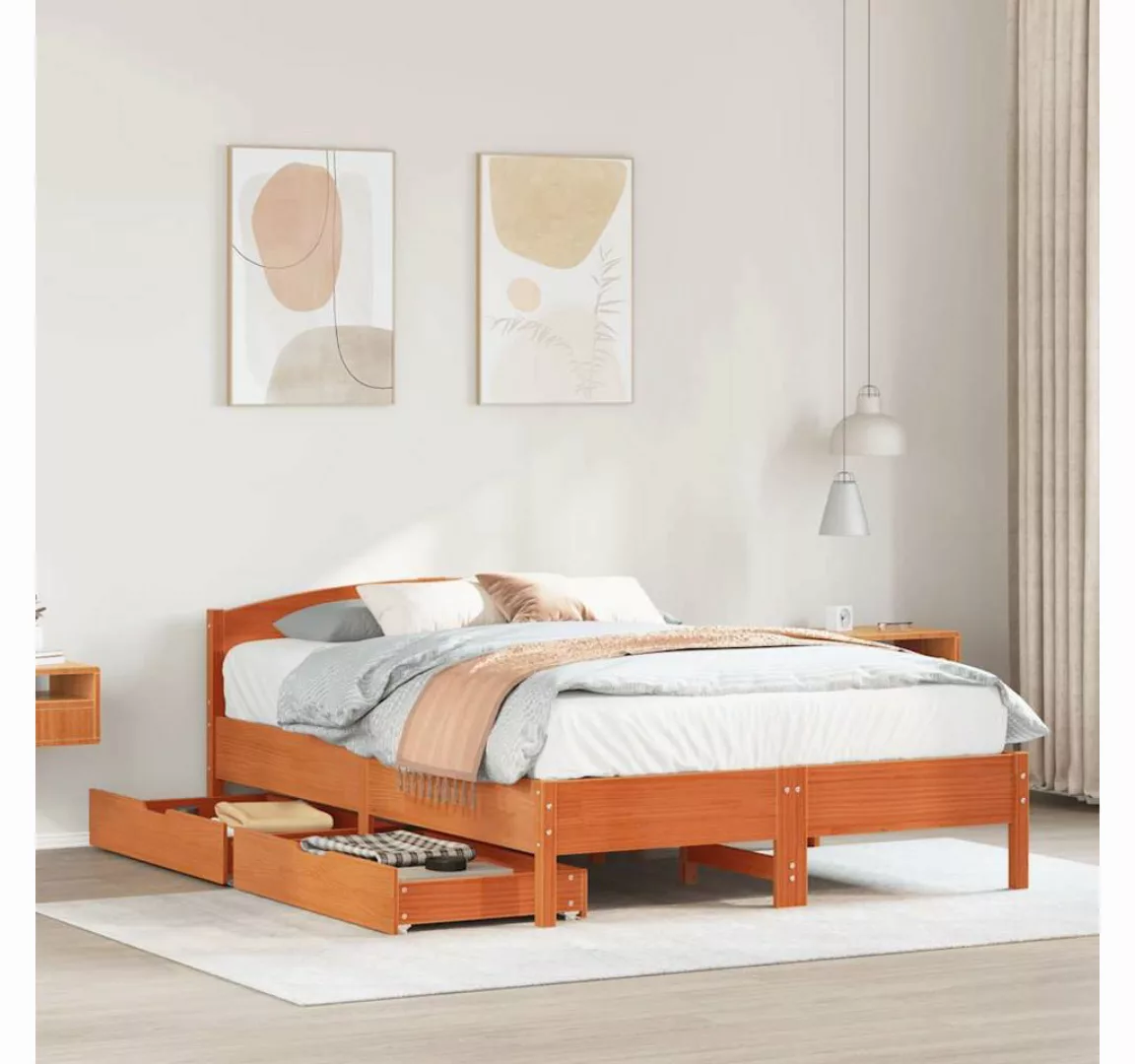 vidaXL Bett, Massivholzbett ohne Matratze Wachsbraun 135x190 cm Kiefernholz günstig online kaufen