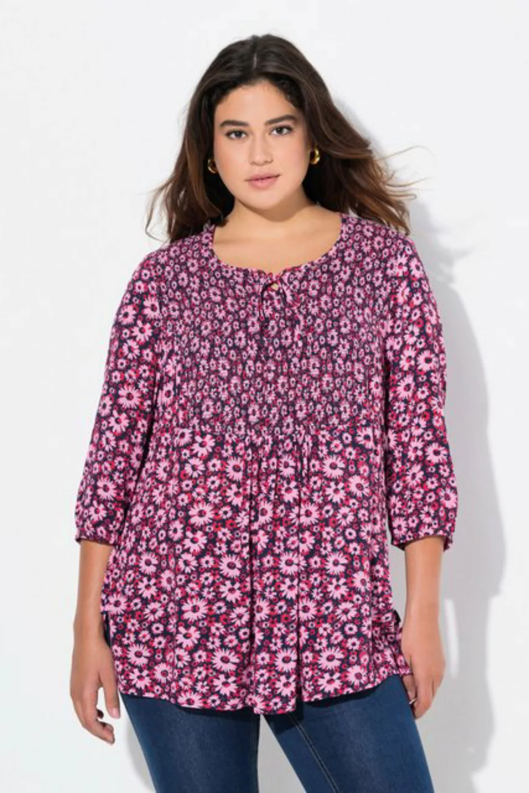 Ulla Popken Longbluse Smokbluse Blüten Rundhals Bindeband 3/4-Arm günstig online kaufen