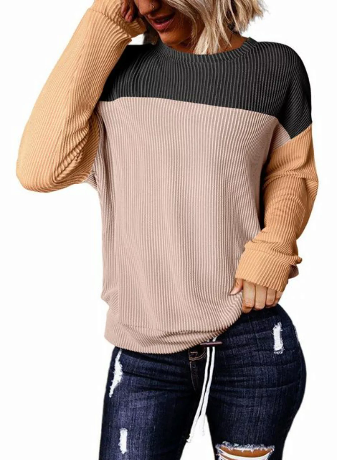 RUZU UG Langarmshirt Damen Patchwork Sweatshirt Lose Langarm gerippt Pullov günstig online kaufen