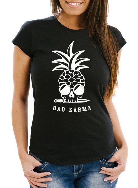 Neverless Print-Shirt Damen T-Shirt Totenkopf Ananas Bad Karma Pineapple Sk günstig online kaufen