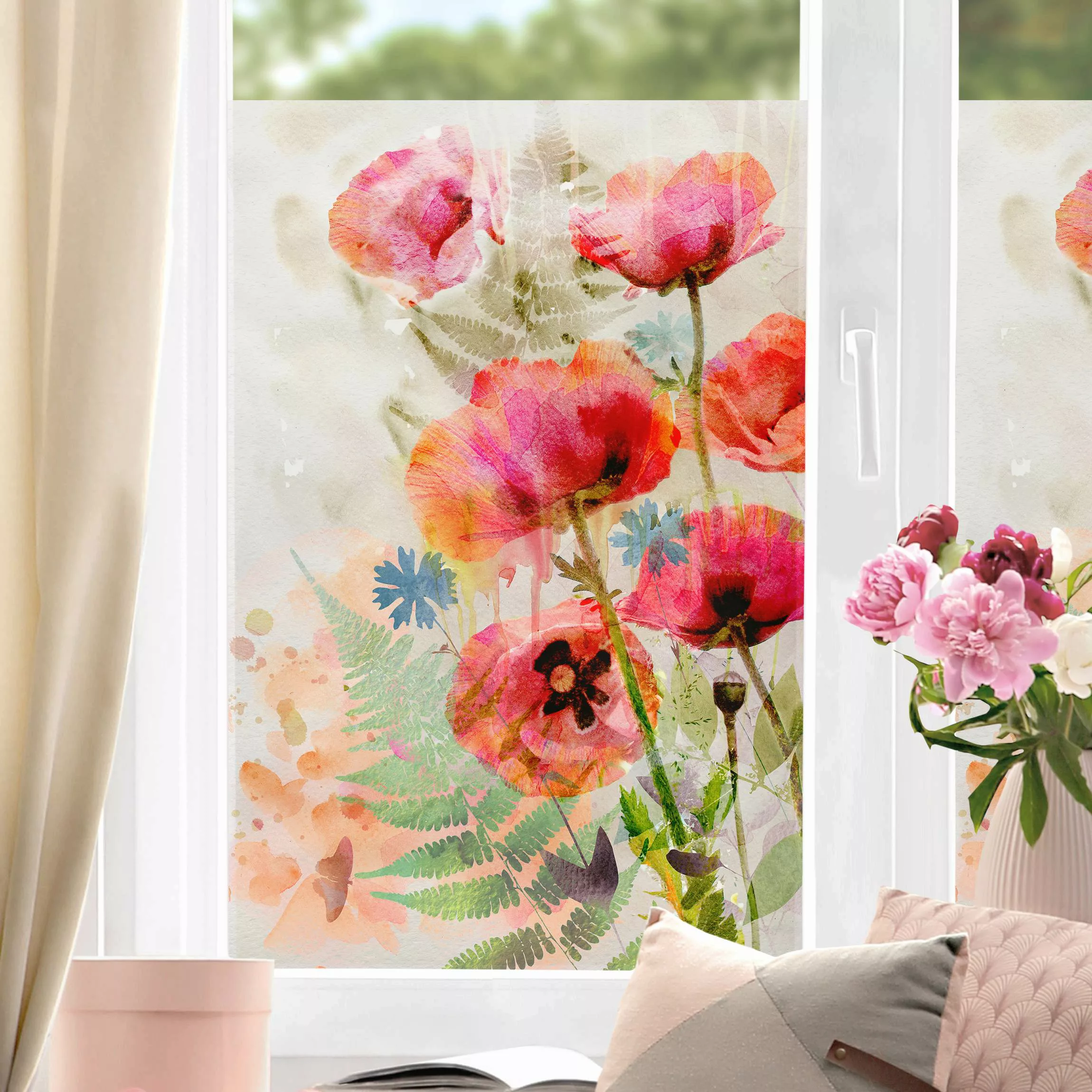 Fensterfolie Aquarell Blumen Mohn günstig online kaufen