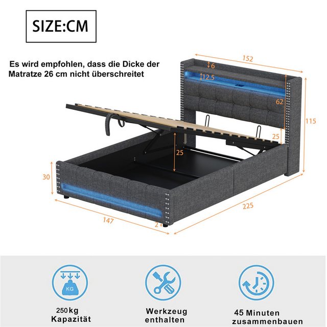 Flieks Polsterbett, LED Hydraulisches Stauraumbett Doppelbett 140x200cm mit günstig online kaufen