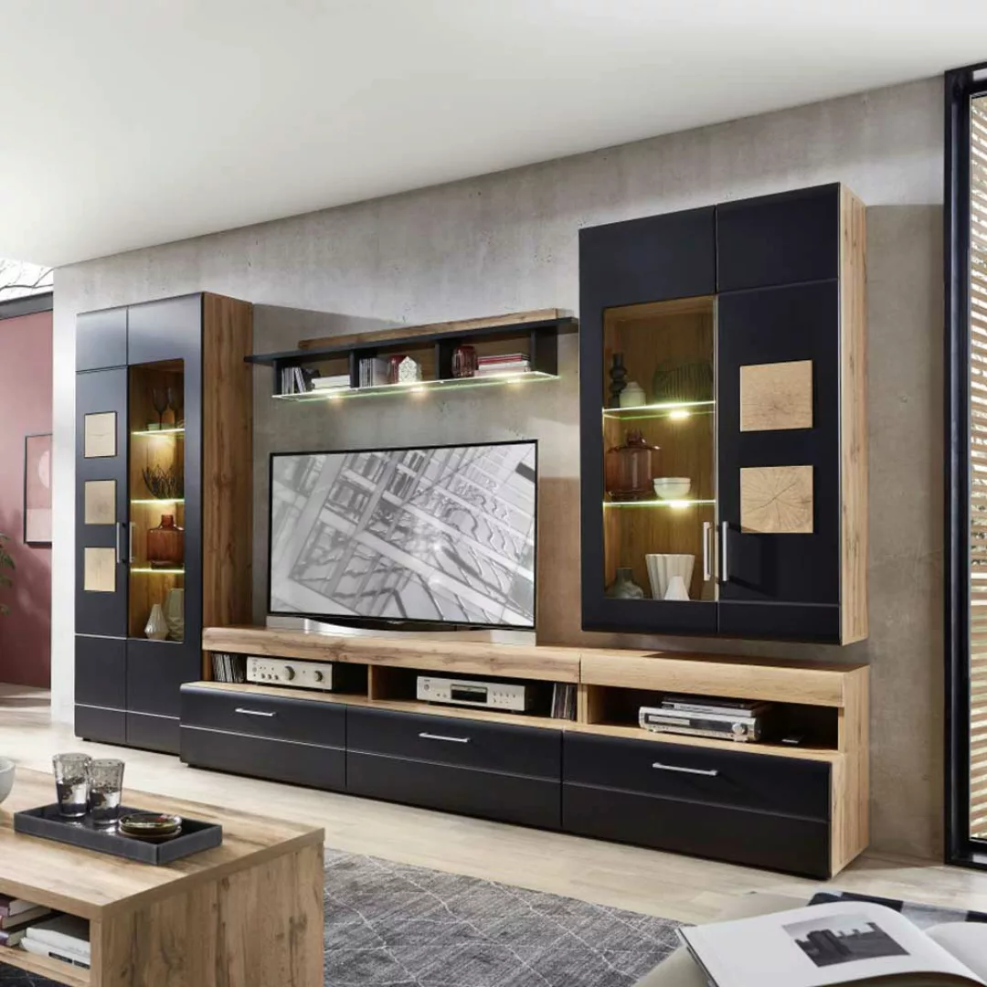 Wohnzimmerwand Modern in Wildeichefarben Schwarz (fünfteilig) günstig online kaufen