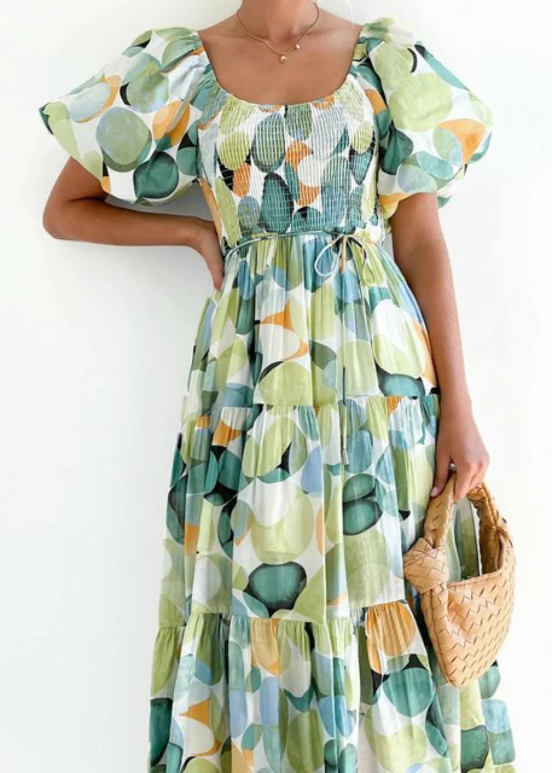 saburona Druckkleid Langes, bedrucktes Kleid mit Puffärmeln und einer Schul günstig online kaufen