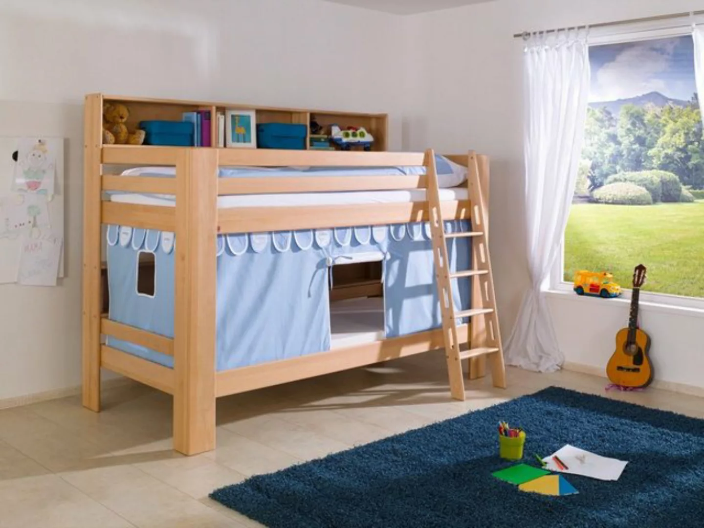 Natur24 Einzelbett Etagenbett Jan Buche Natur lackiert mit Bücherregal 90x2 günstig online kaufen