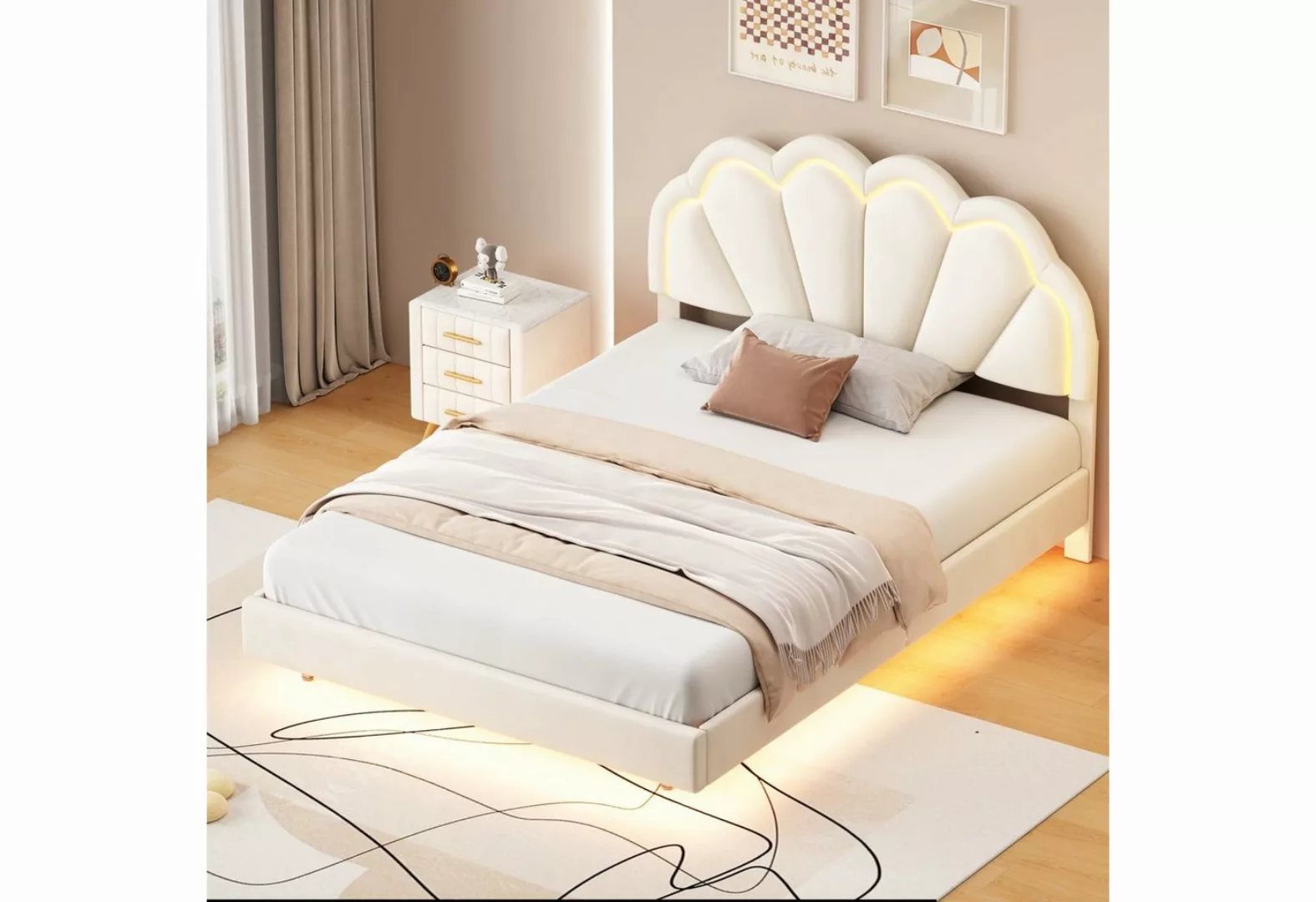 Odikalo Polsterbett Schwebebett Doppelbett LED-Leuchten Kopfteil Samt Beige günstig online kaufen