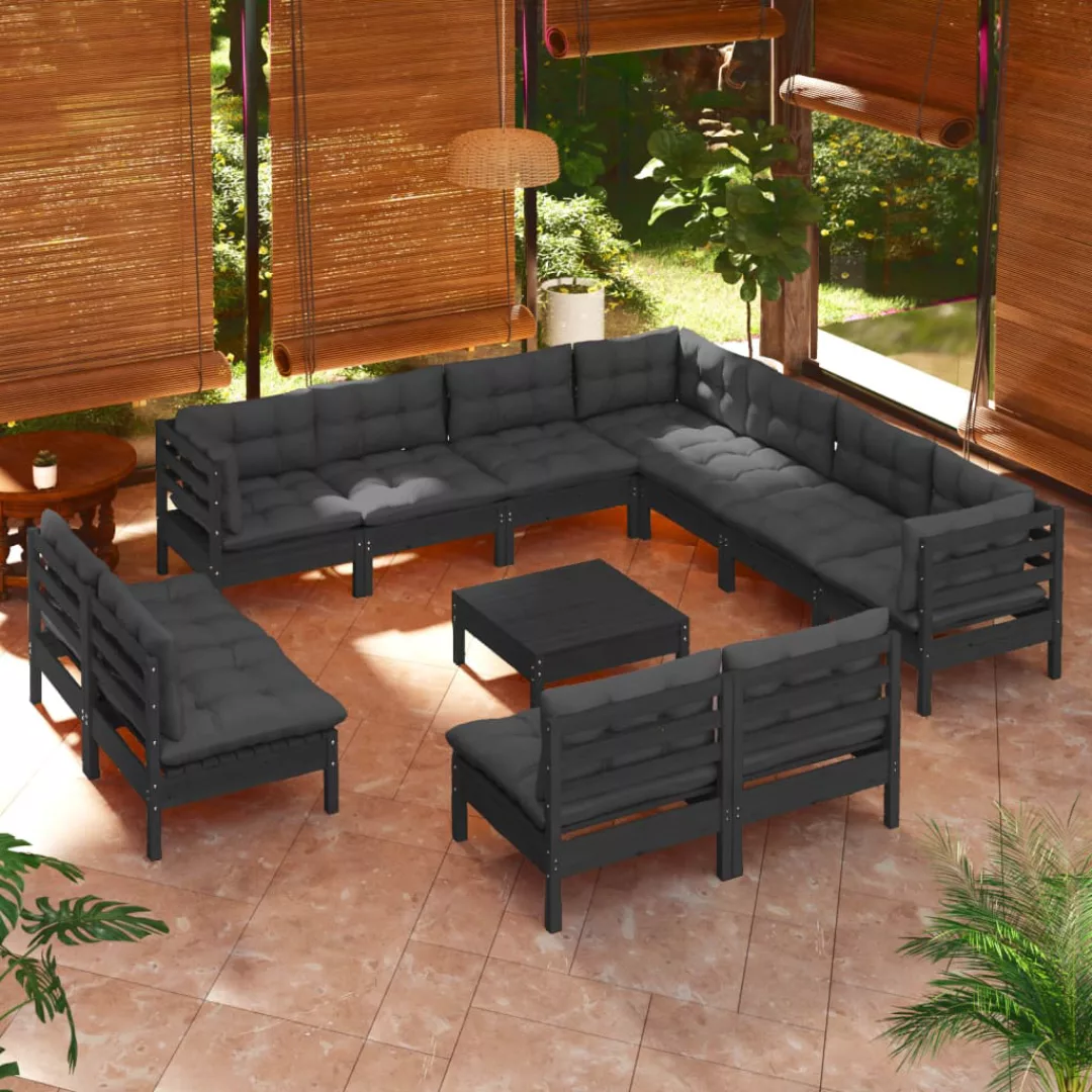 12-tlg. Garten-lounge-set Mit Kissen Schwarz Massivholz Kiefer günstig online kaufen