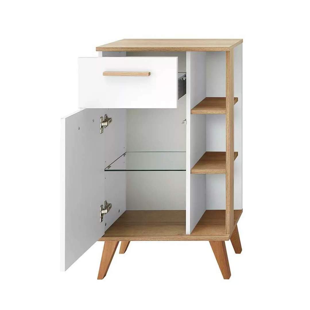 Badezimmerschrank Beistellschrank Bad im Skandi Design mit Holzgriffen günstig online kaufen