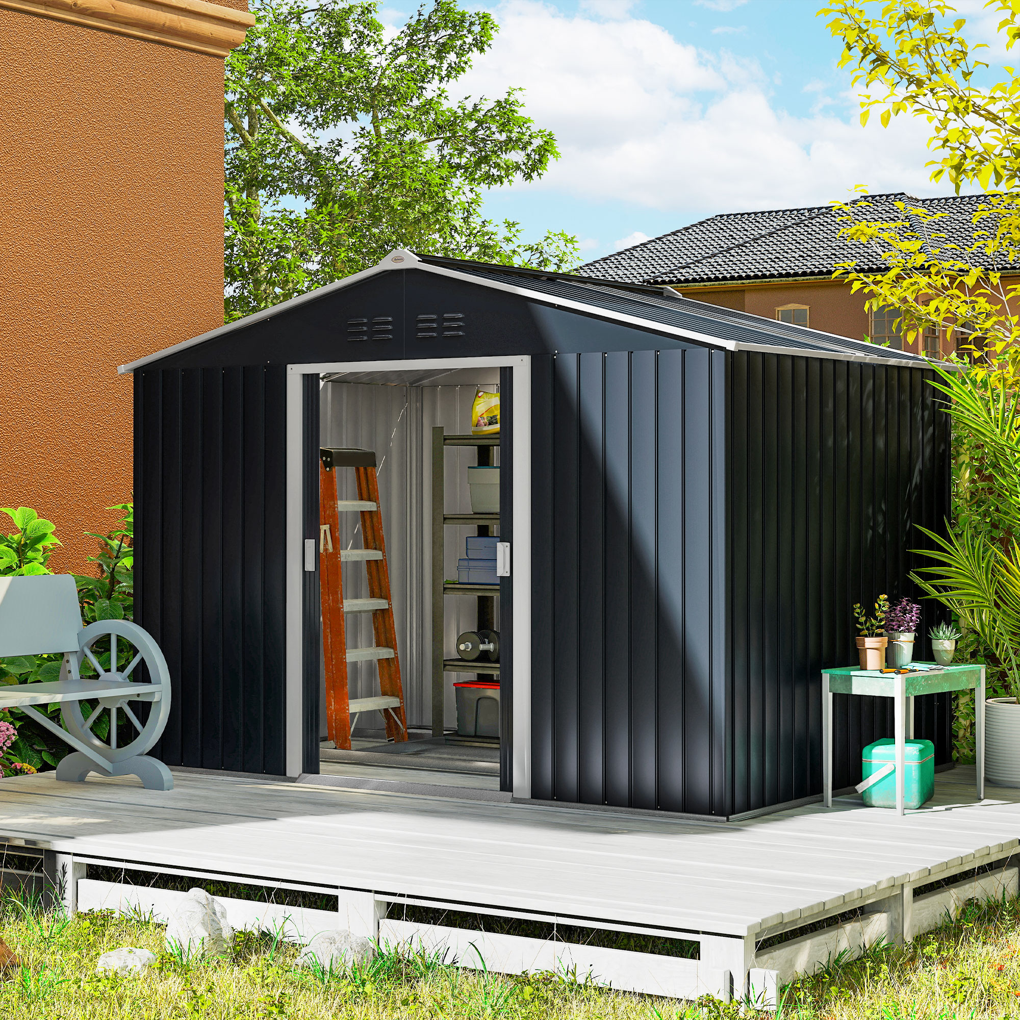 Outsunny Verzinkter Stahl Gerätehaus 4,9m² 277x195x192cm Geräteschuppen mit günstig online kaufen