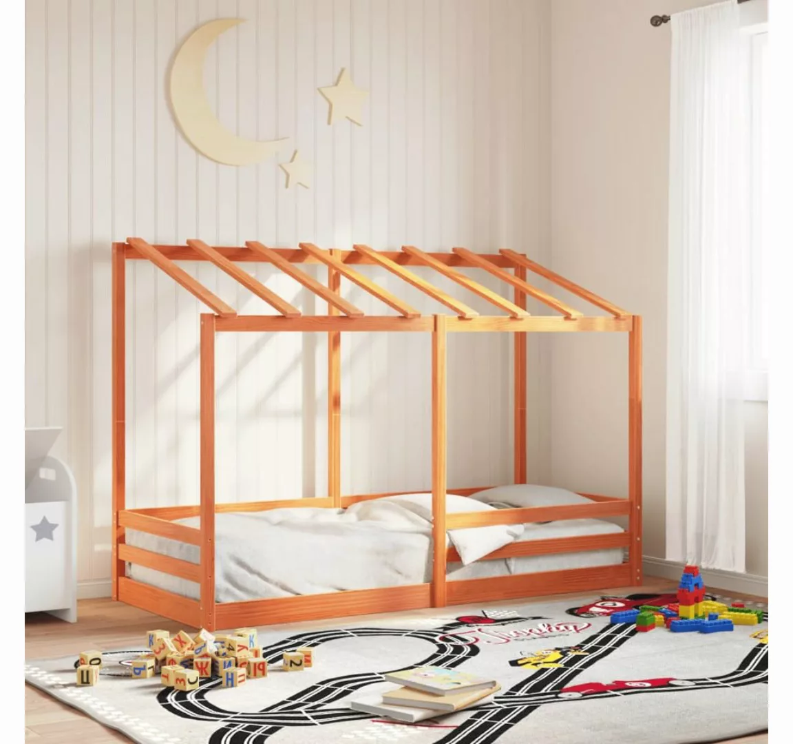 vidaXL Bett, Kinderbett mit Dach Wachsbraun 90x190 cm Massivholz Kiefer günstig online kaufen