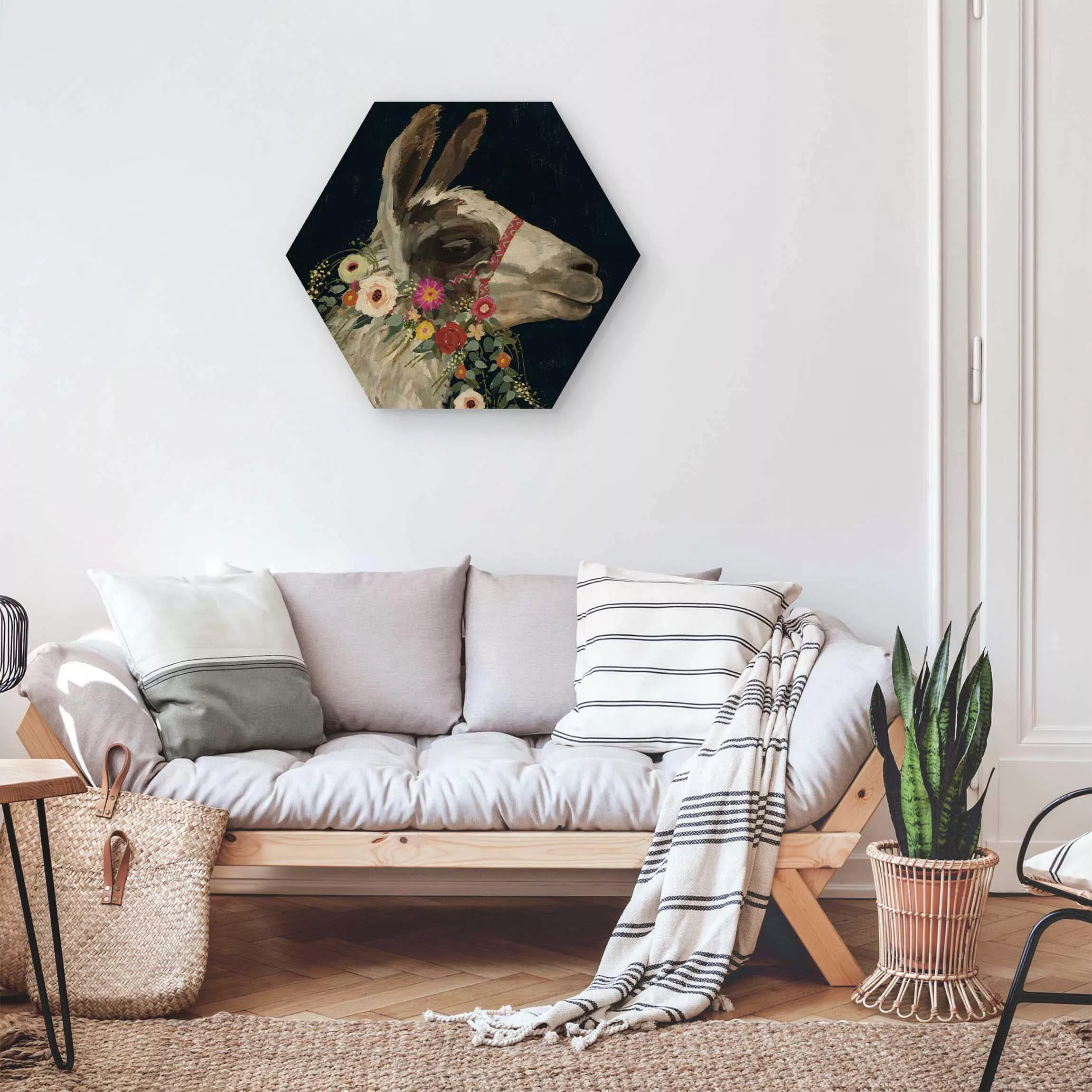 Hexagon-Holzbild Kunstdruck Lama mit Blumenschmuck I günstig online kaufen