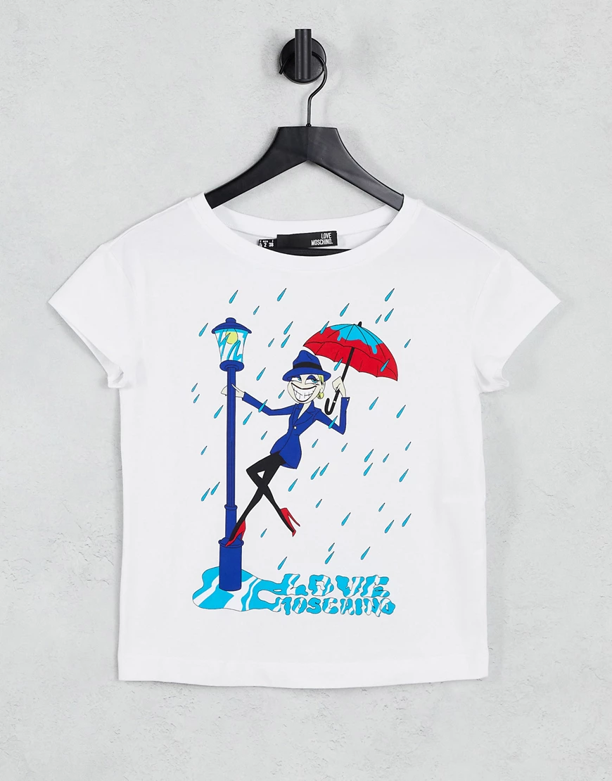 Love Moschino – Weißes T-Shirt mit Schirm-Print günstig online kaufen