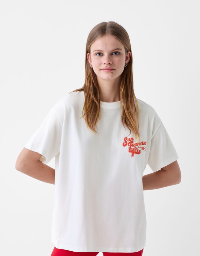 Bershka Oversize-T-Shirt Mit Print Bskteen S Grbrochenes Weiss günstig online kaufen