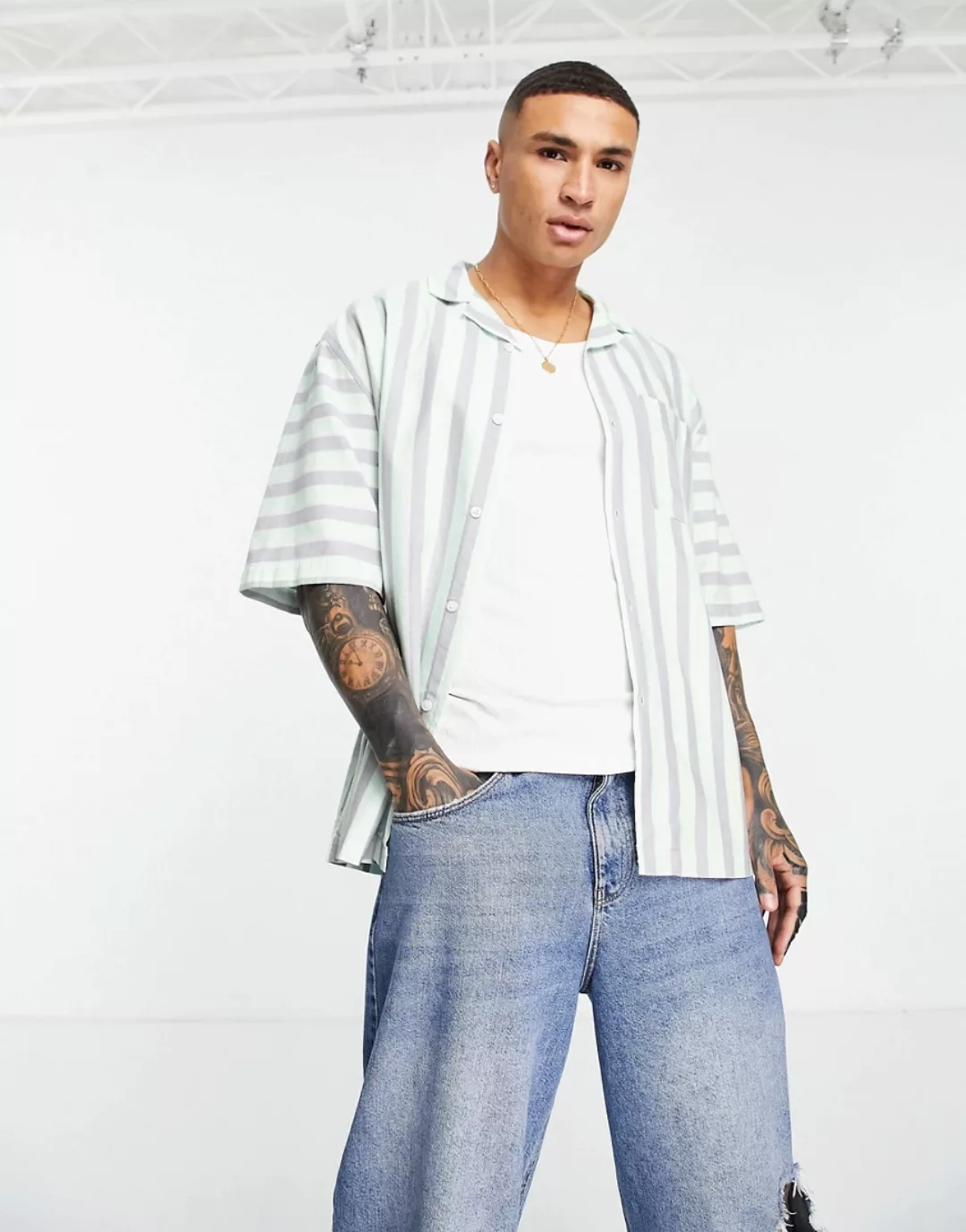 Topman – Gestreiftes Oversized-Hemd in Minzgrün mit Reverskragen günstig online kaufen