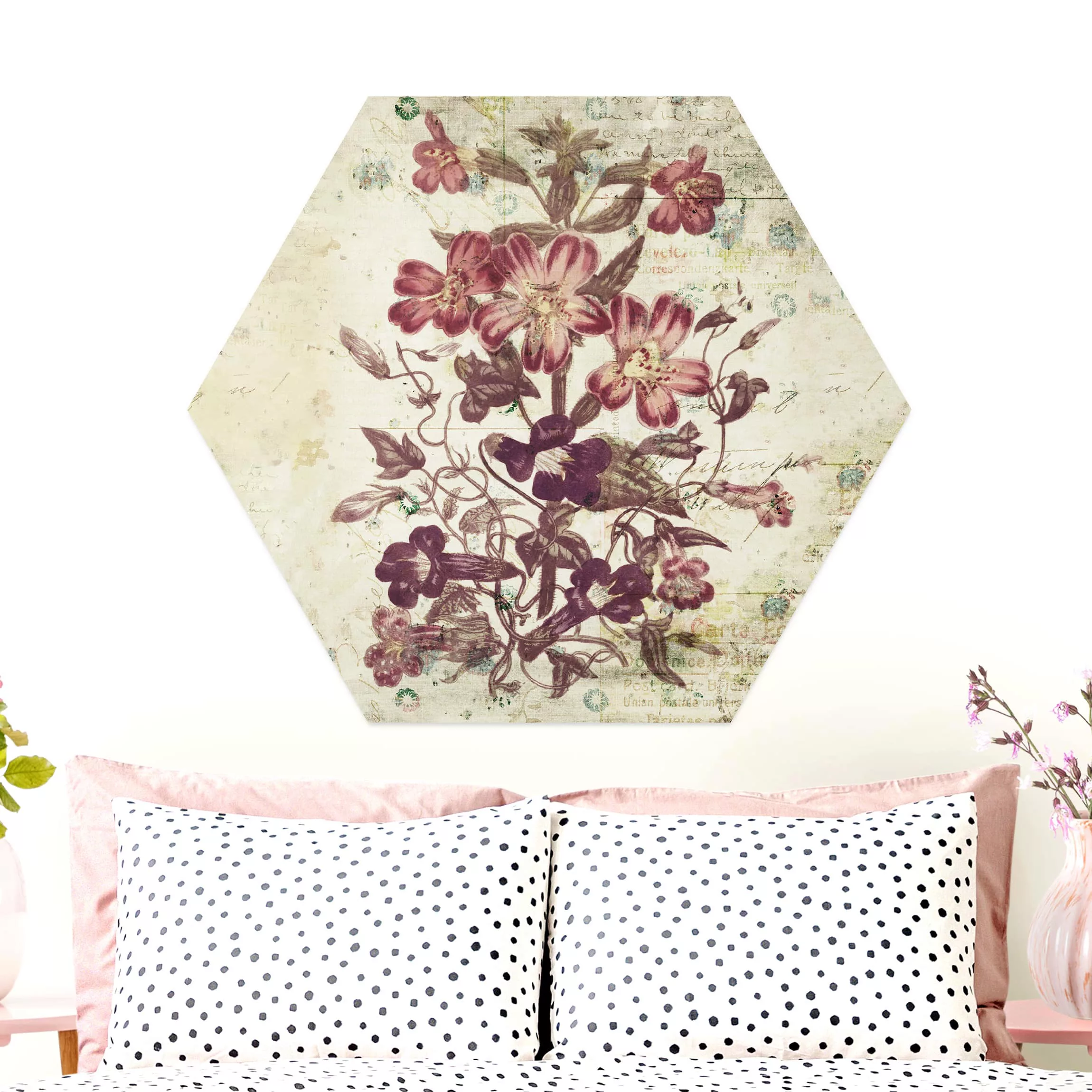 Hexagon-Alu-Dibond Bild Blumen Vintage Blütenmuster günstig online kaufen