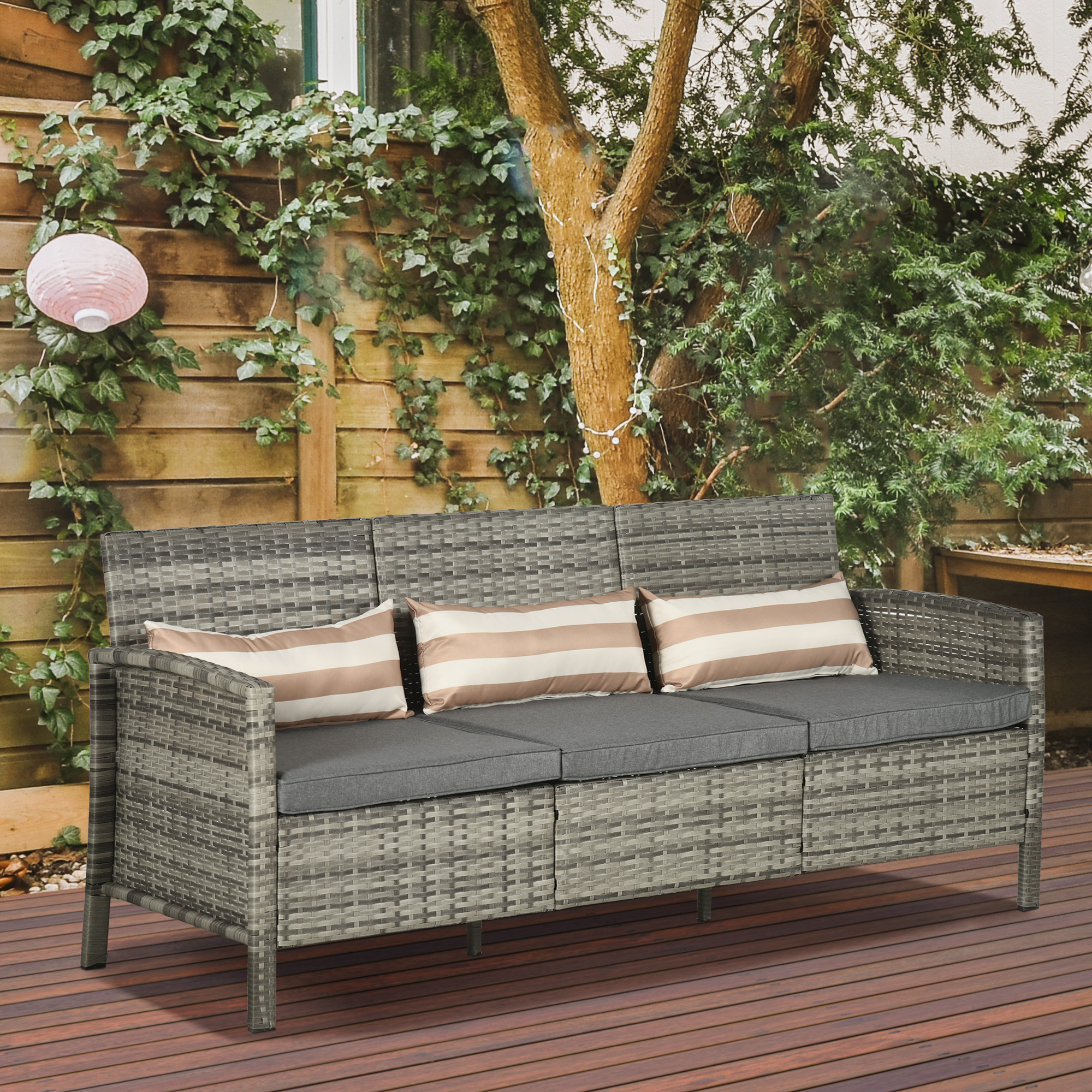 Outsunny Rattan Garten Loungesofa Dreisitzer mit Kissen, Stahlrahmen, Grau, günstig online kaufen