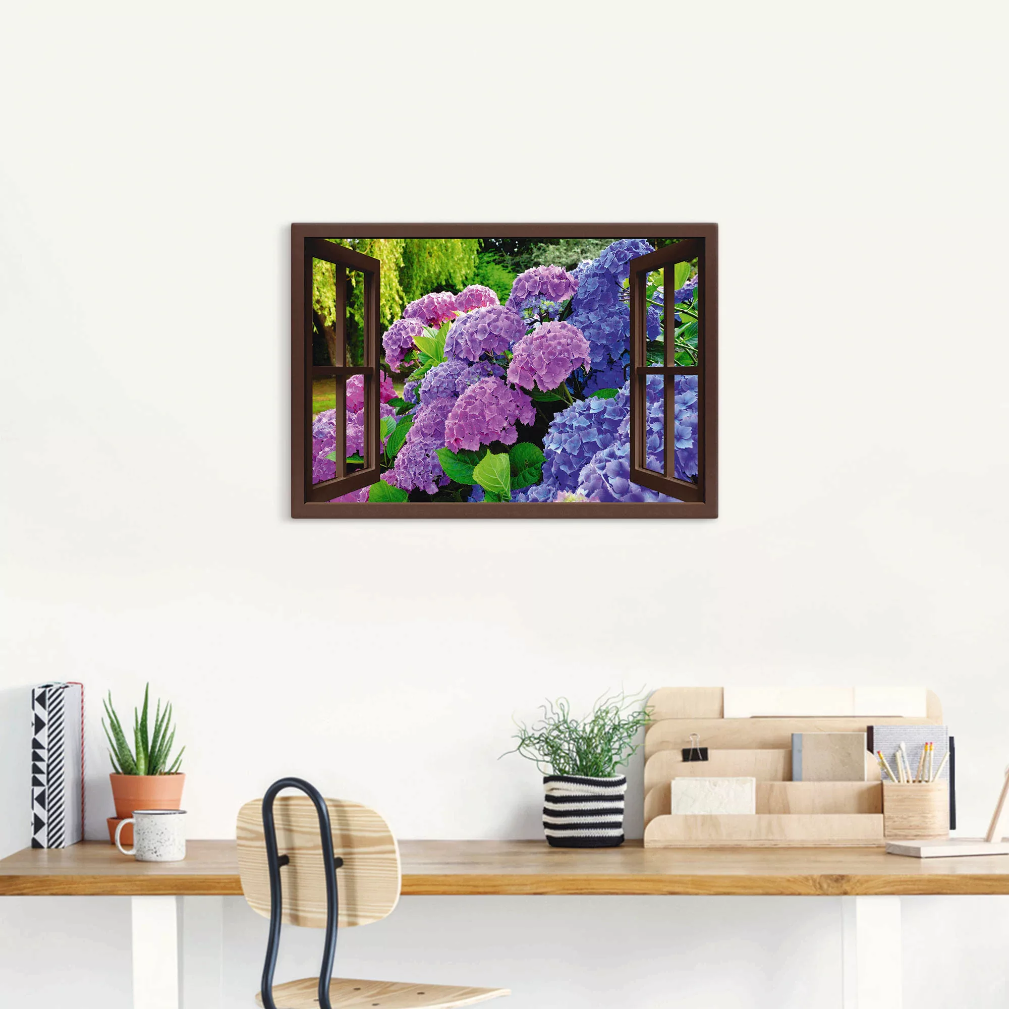 Artland Wandbild »Fensterblick Hortensien im Garten«, Blumen, (1 St.) günstig online kaufen