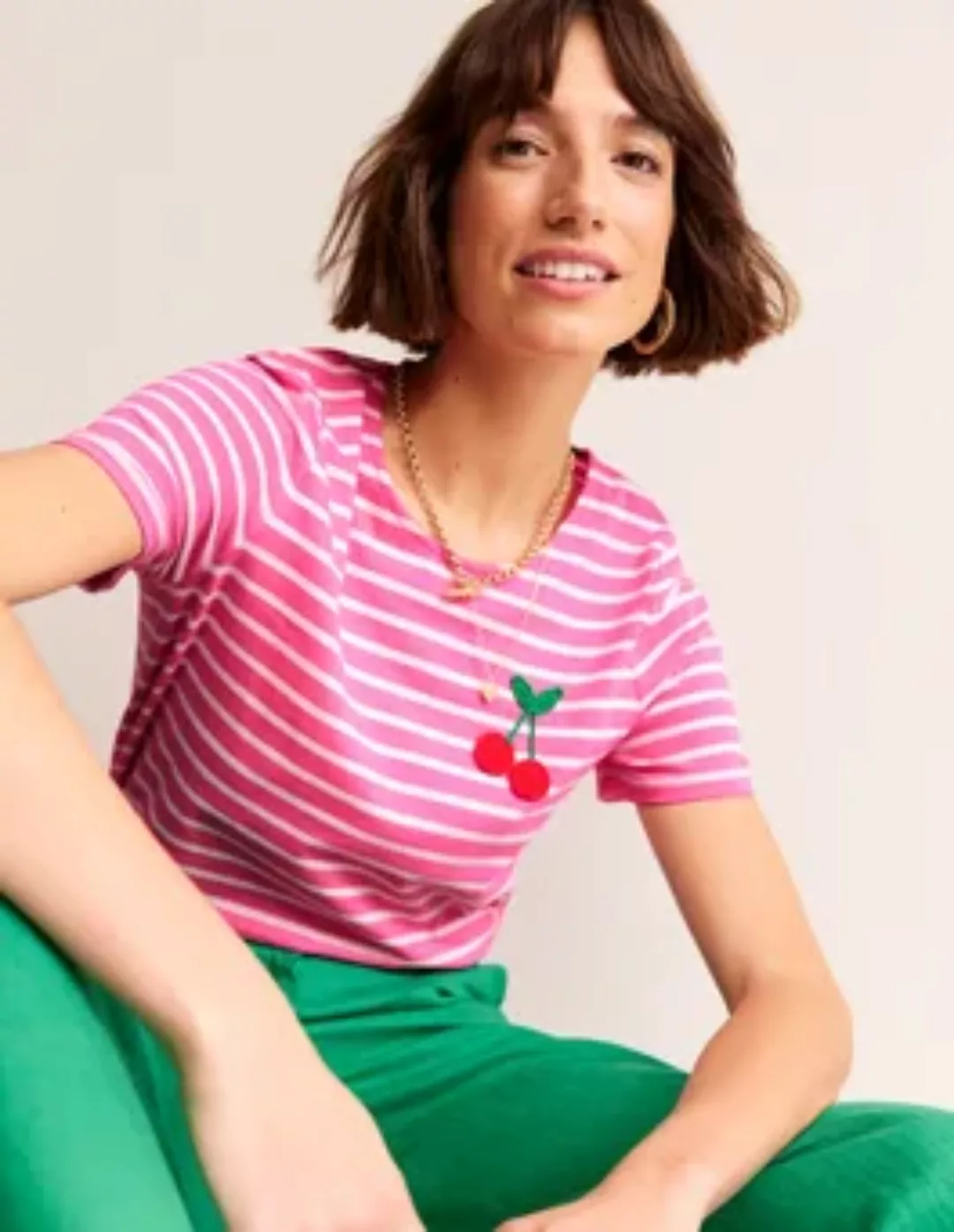 Gehäkeltes T-Shirt Damen Boden, Rosa, Naturweiß Kirschen günstig online kaufen
