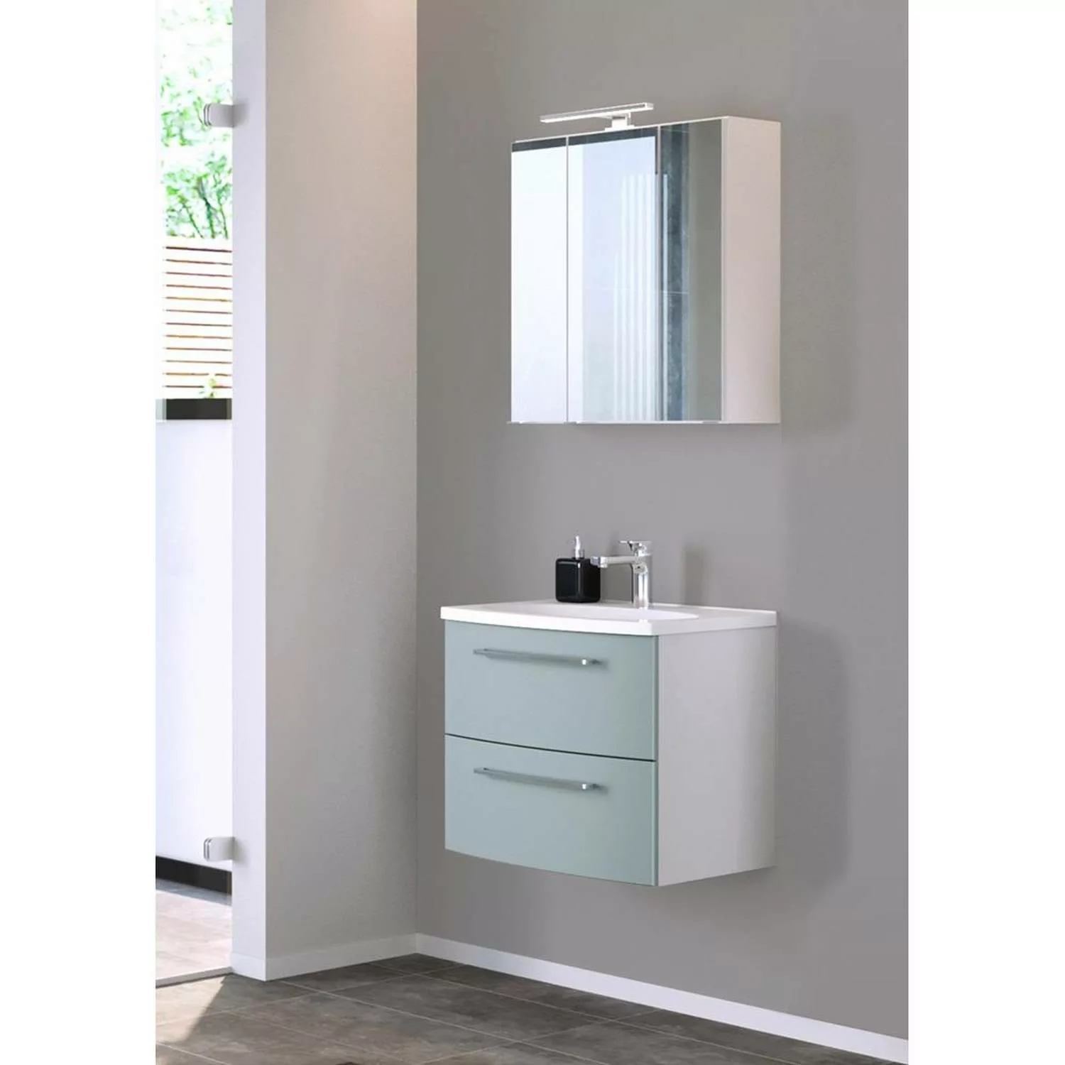 Badmöbel Waschtisch-Set 60cm in fjordgrün, weiß GLASGOW-03 mit LED-Spiegels günstig online kaufen
