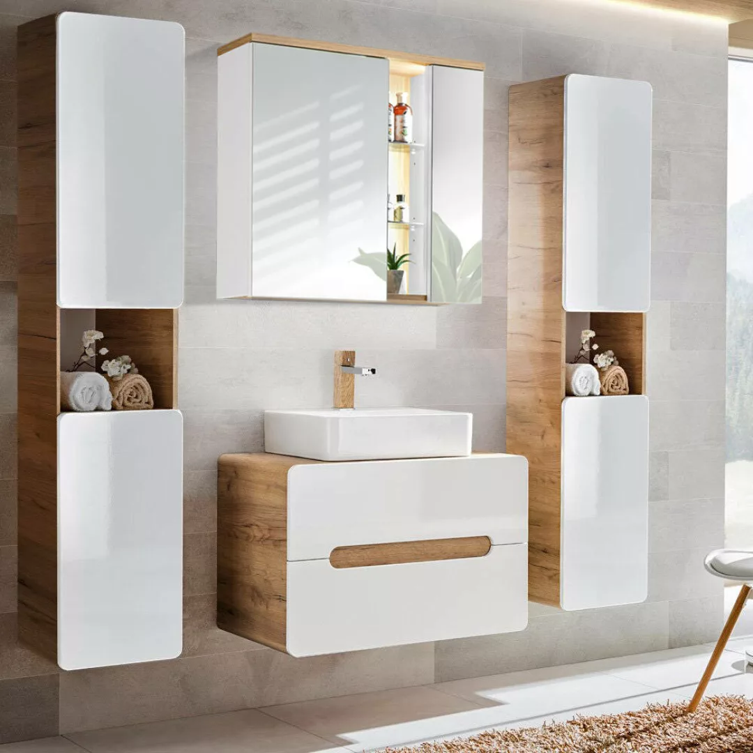 Badezimmer Set LUTON-56 Hochglanz weiß, Wotan Eiche Nb. mit Keramik-Waschti günstig online kaufen