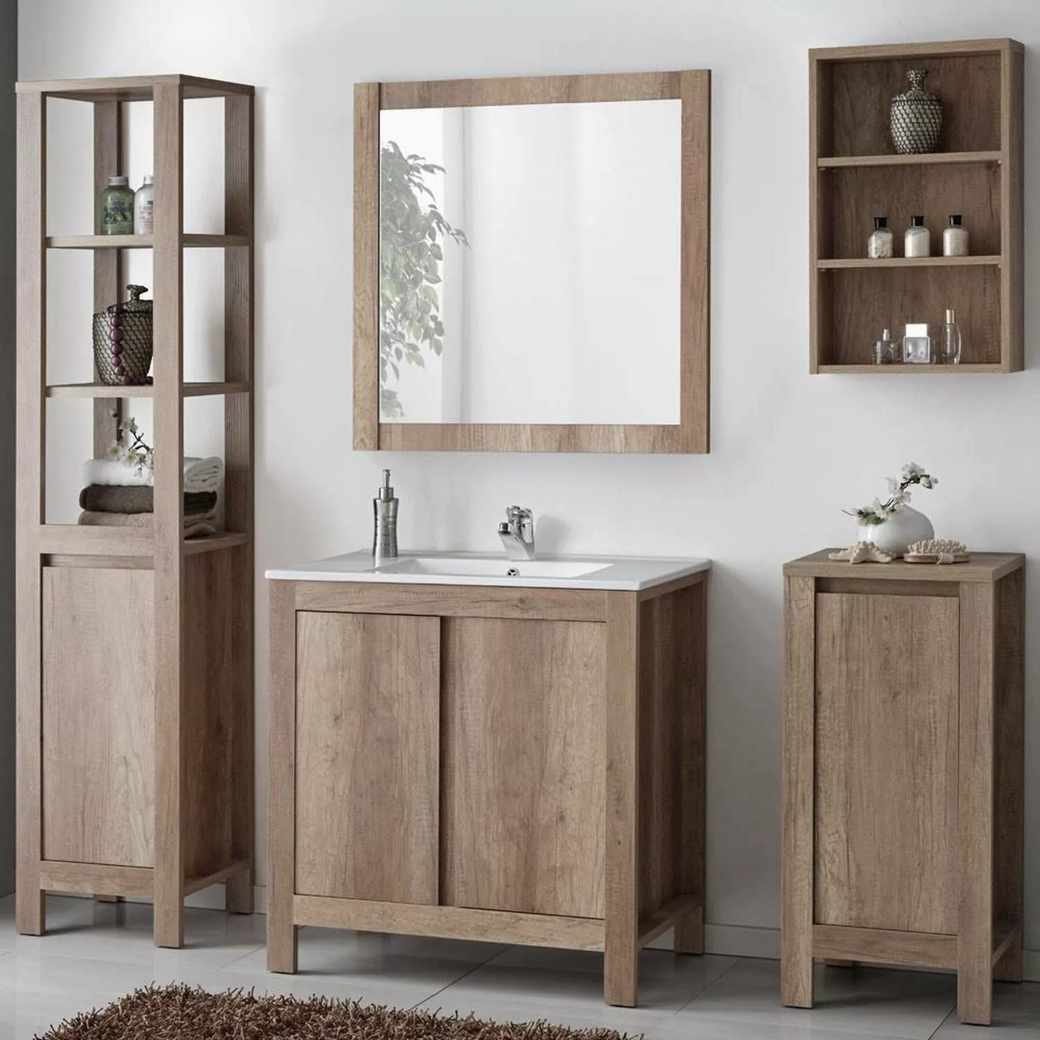 Badezimmer Möbel Set inkl. 80cm Keramik Waschbecken, Country Eiche Nb. MOSI günstig online kaufen