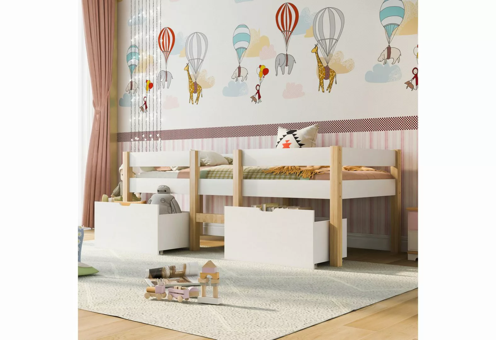 Refined Living Kinderbett Massives Kiefernholzbett Hochbett Bett mit Schubl günstig online kaufen