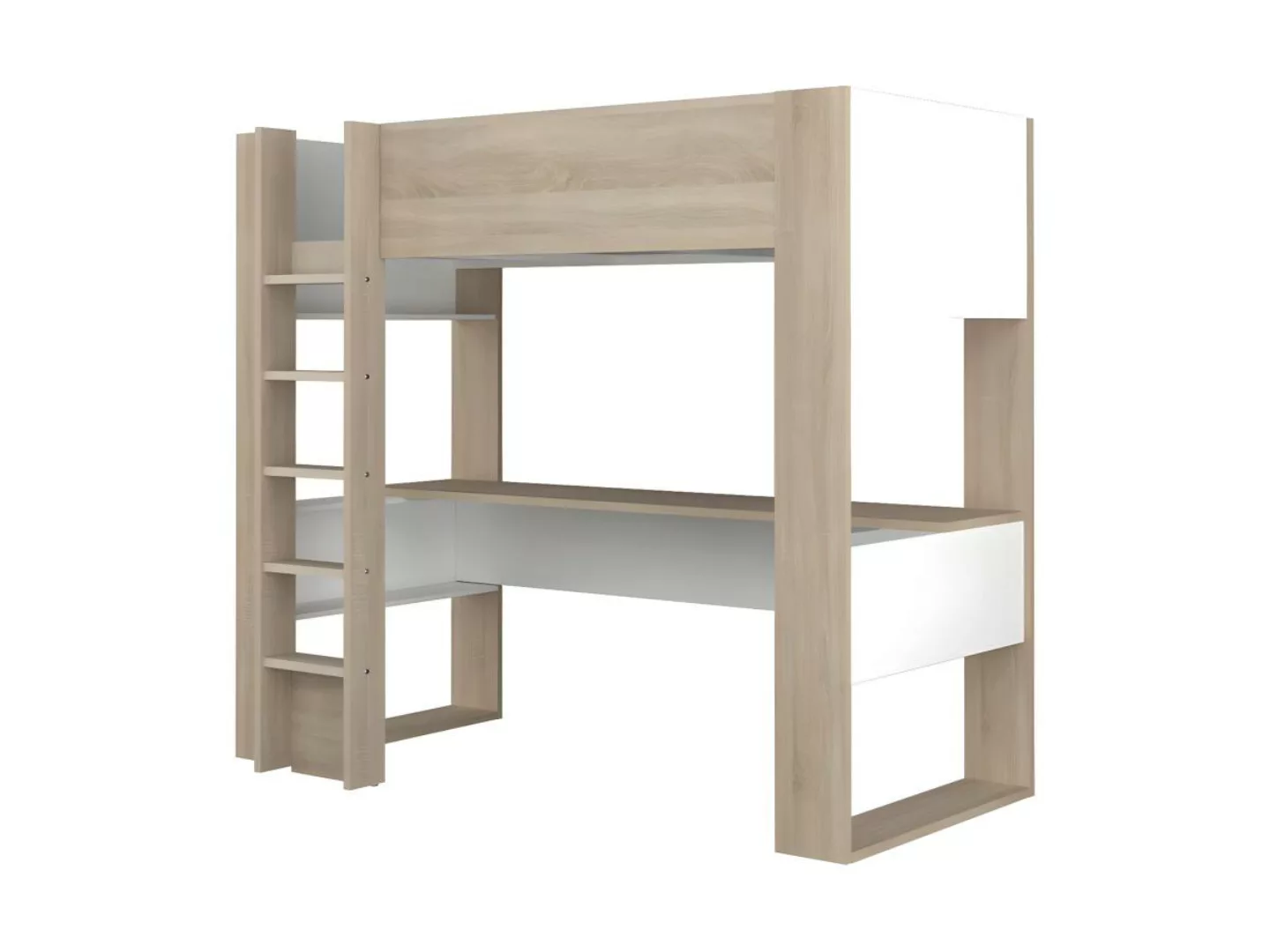 Hochbett mit Schreibtisch & Stauraum - 90 x 200 cm - Eichefarben & Weiß - N günstig online kaufen