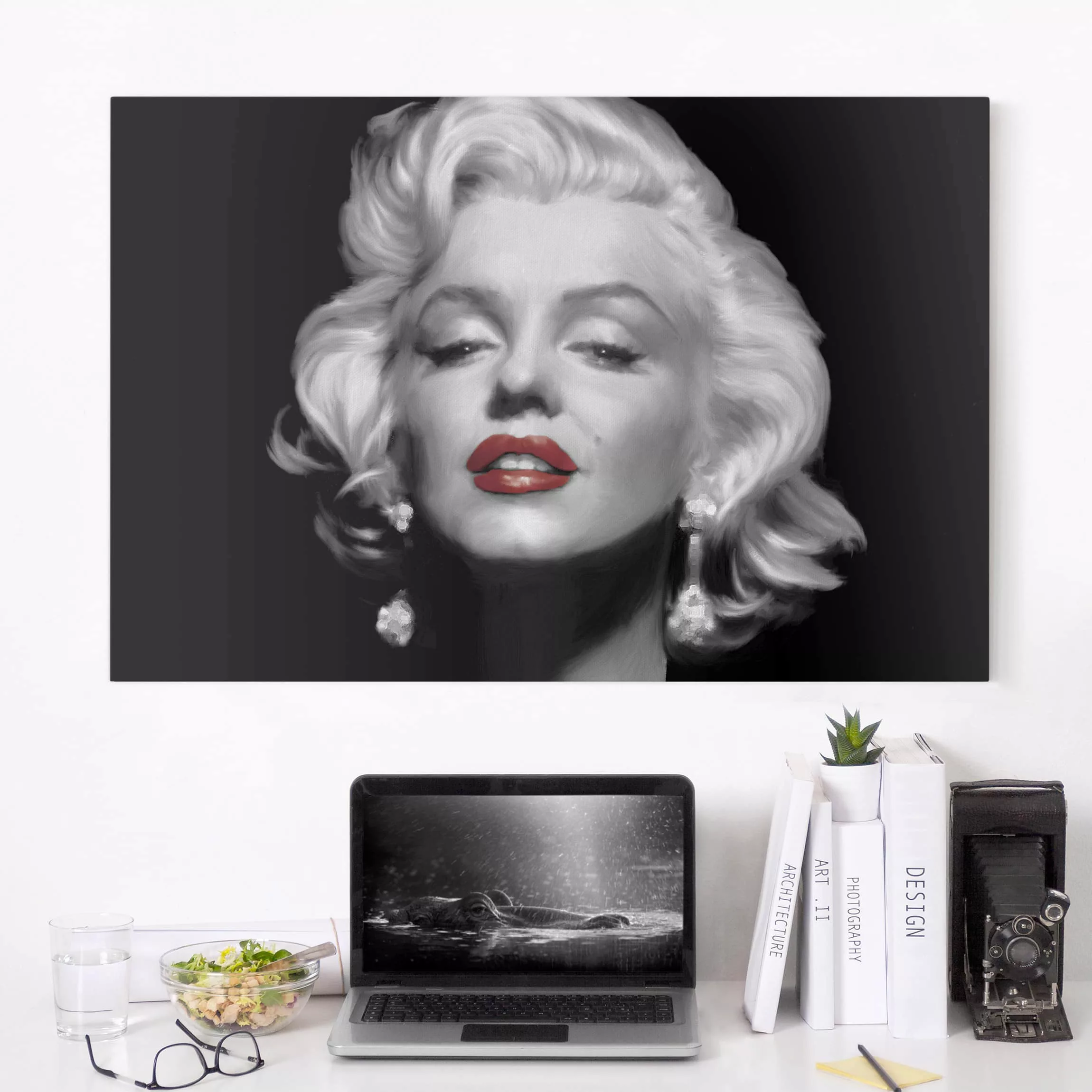 Leinwandbild Schwarz-Weiß - Querformat Marilyn mit roten Lippen günstig online kaufen