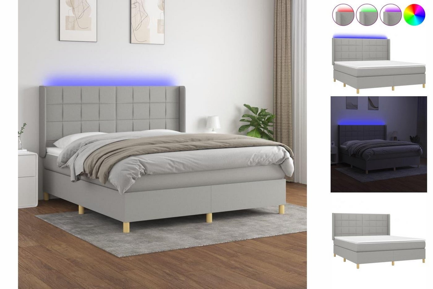 vidaXL Bettgestell Boxspringbett mit Matratze LED Hellgrau 180x200 cm Stoff günstig online kaufen