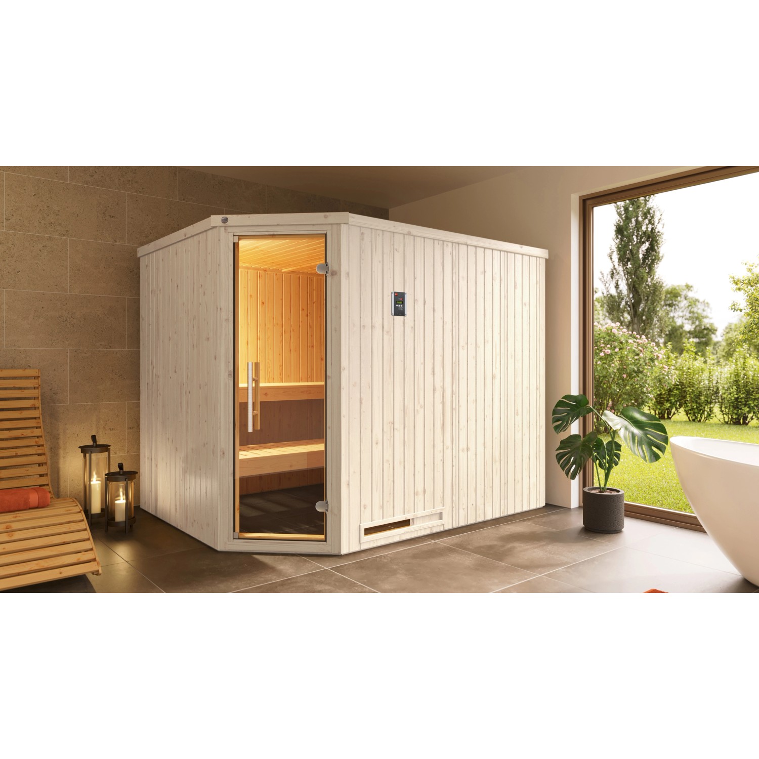 Weka Elementsauna Varberg Trend 4 Weiß Sparset 9 kW Kompakt Glastür günstig online kaufen