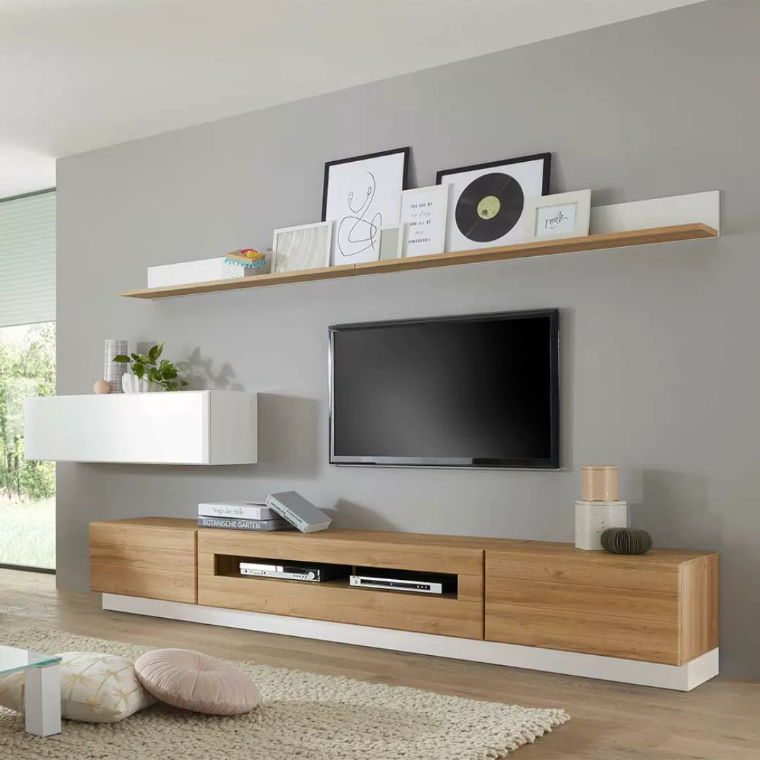 Wohnzimmer Anbauwand in Hochglanz Weiß und Wildeichefarben 280 cm breit (se günstig online kaufen