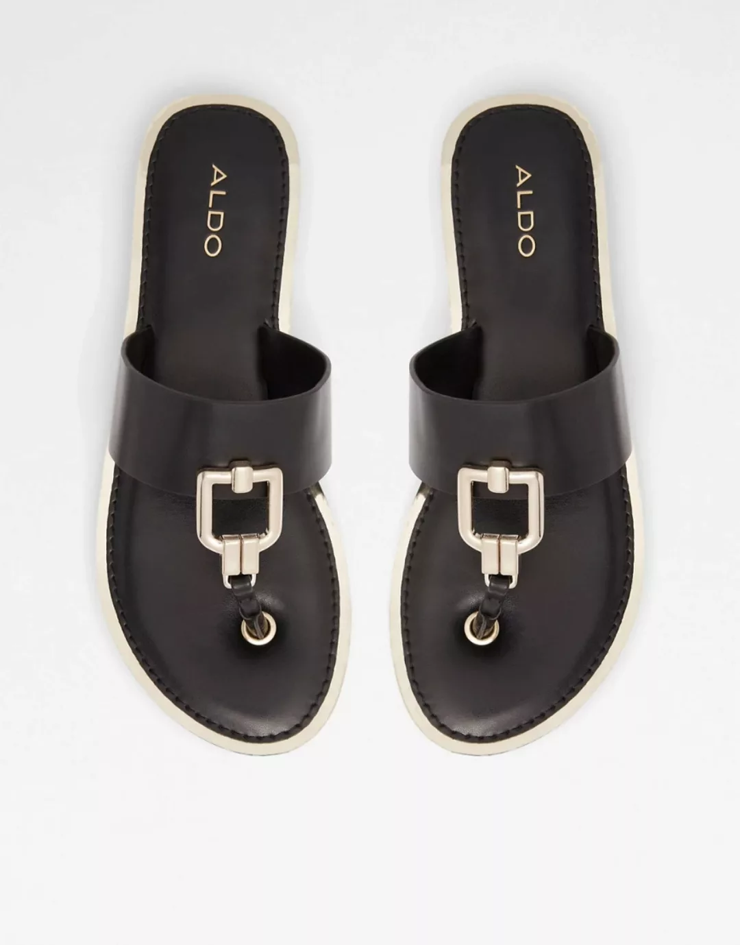ALDO – Tatyx – Flache Sandalen mit Zehensteg und Metalldetail in Schwarz günstig online kaufen