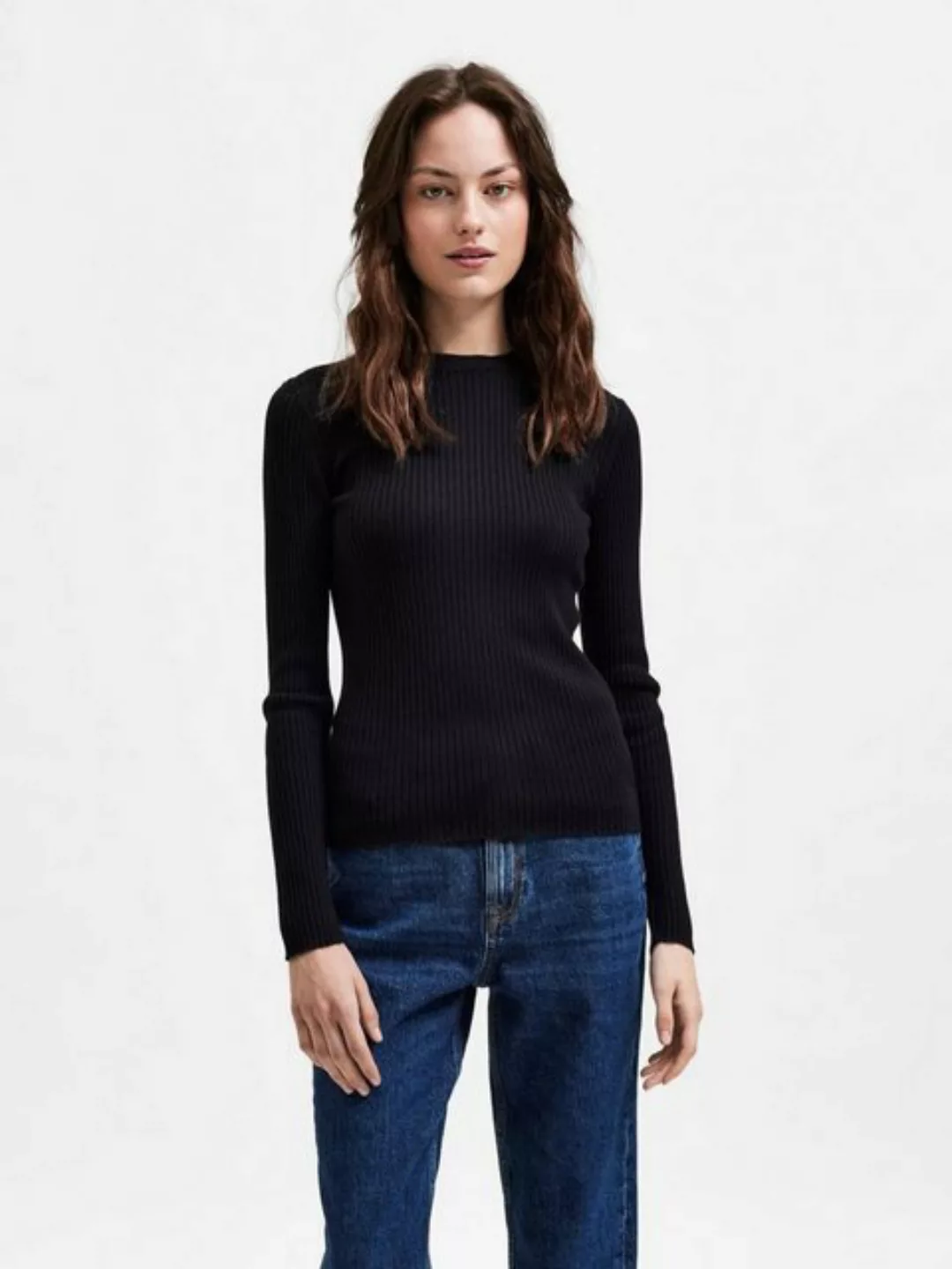 SELECTED Gerippter Strickpullover Damen Schwarz günstig online kaufen