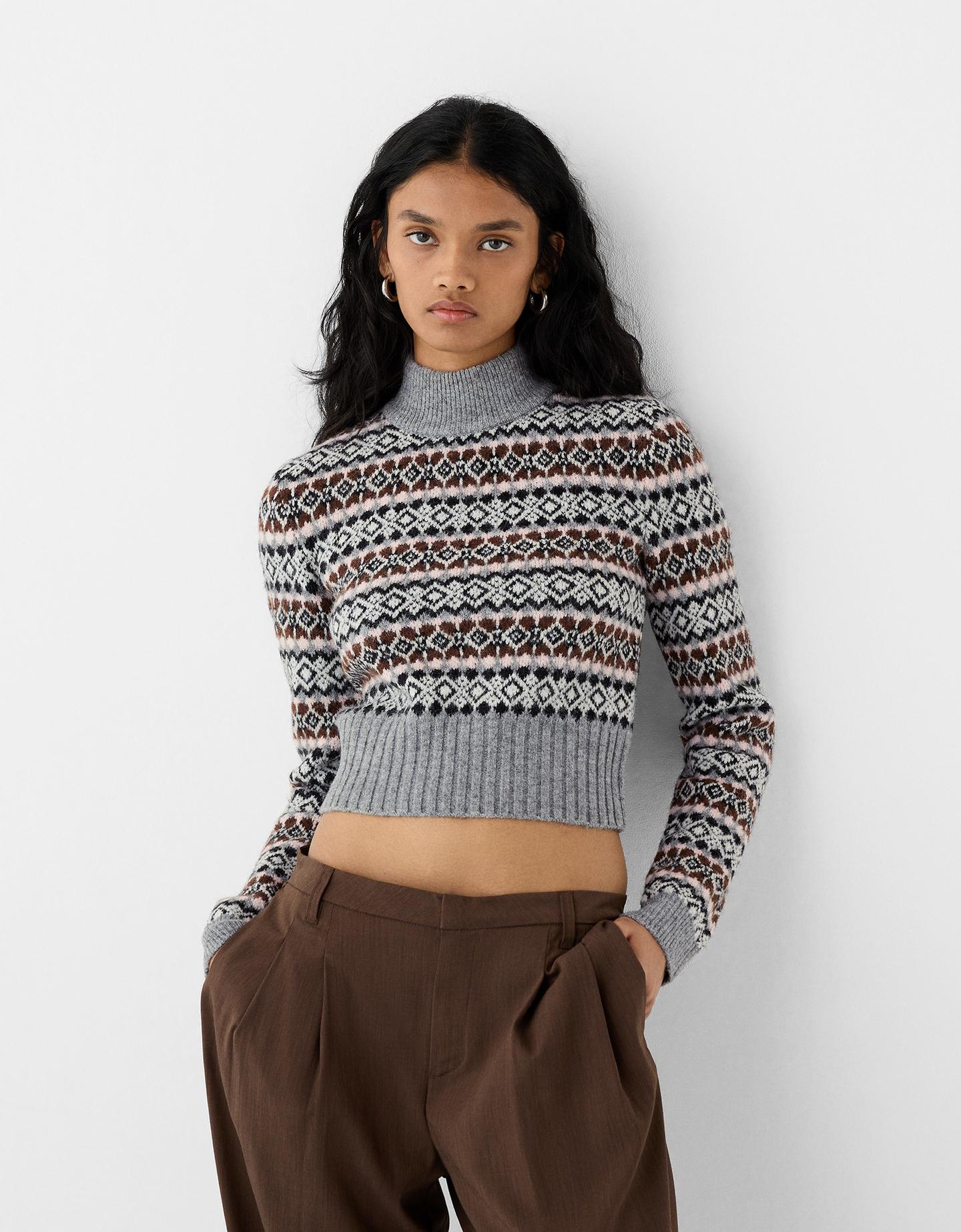 Bershka Jacquard-Rollkragenpullover Damen L Grau günstig online kaufen