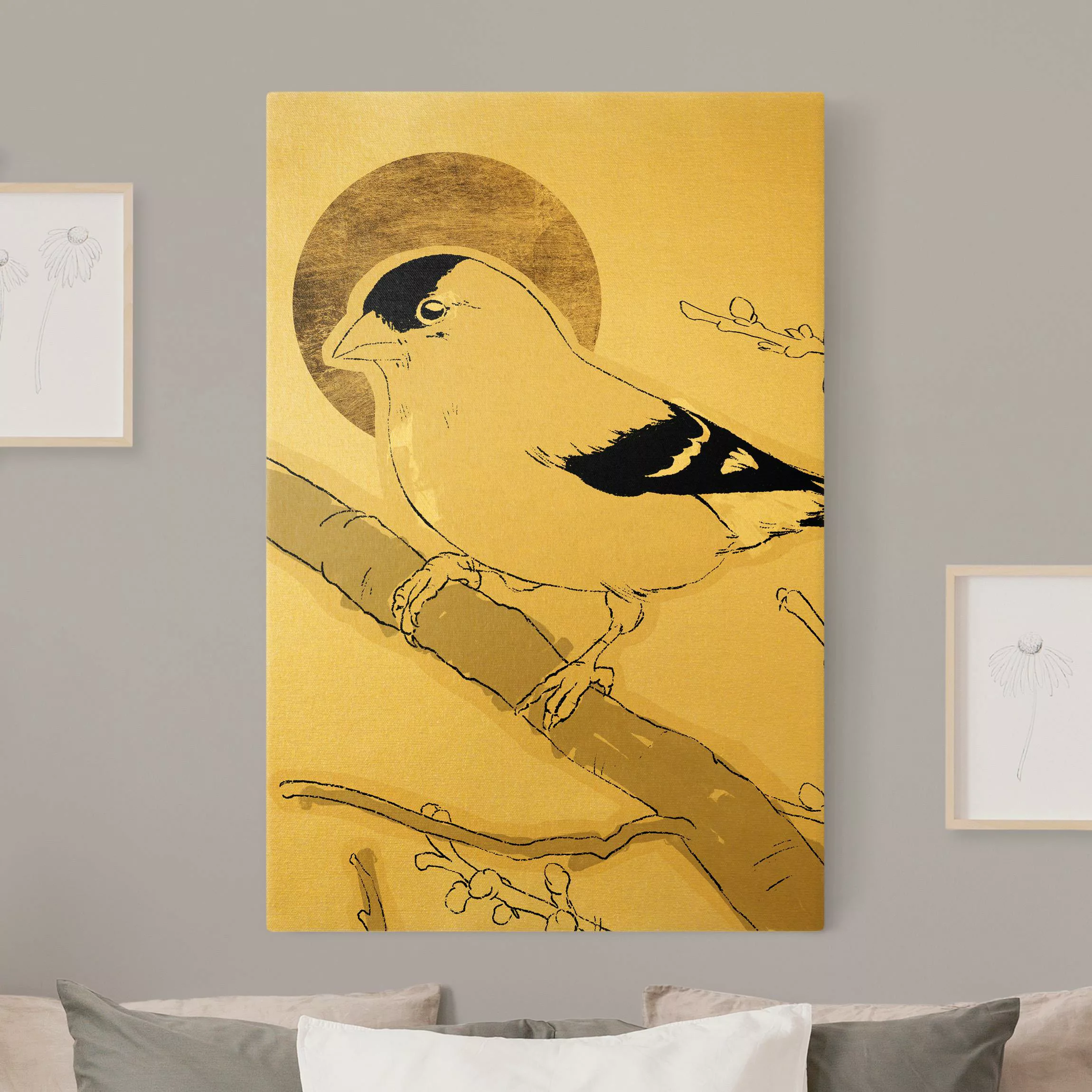 Leinwandbild Gold Vogel vor goldener Sonne II günstig online kaufen