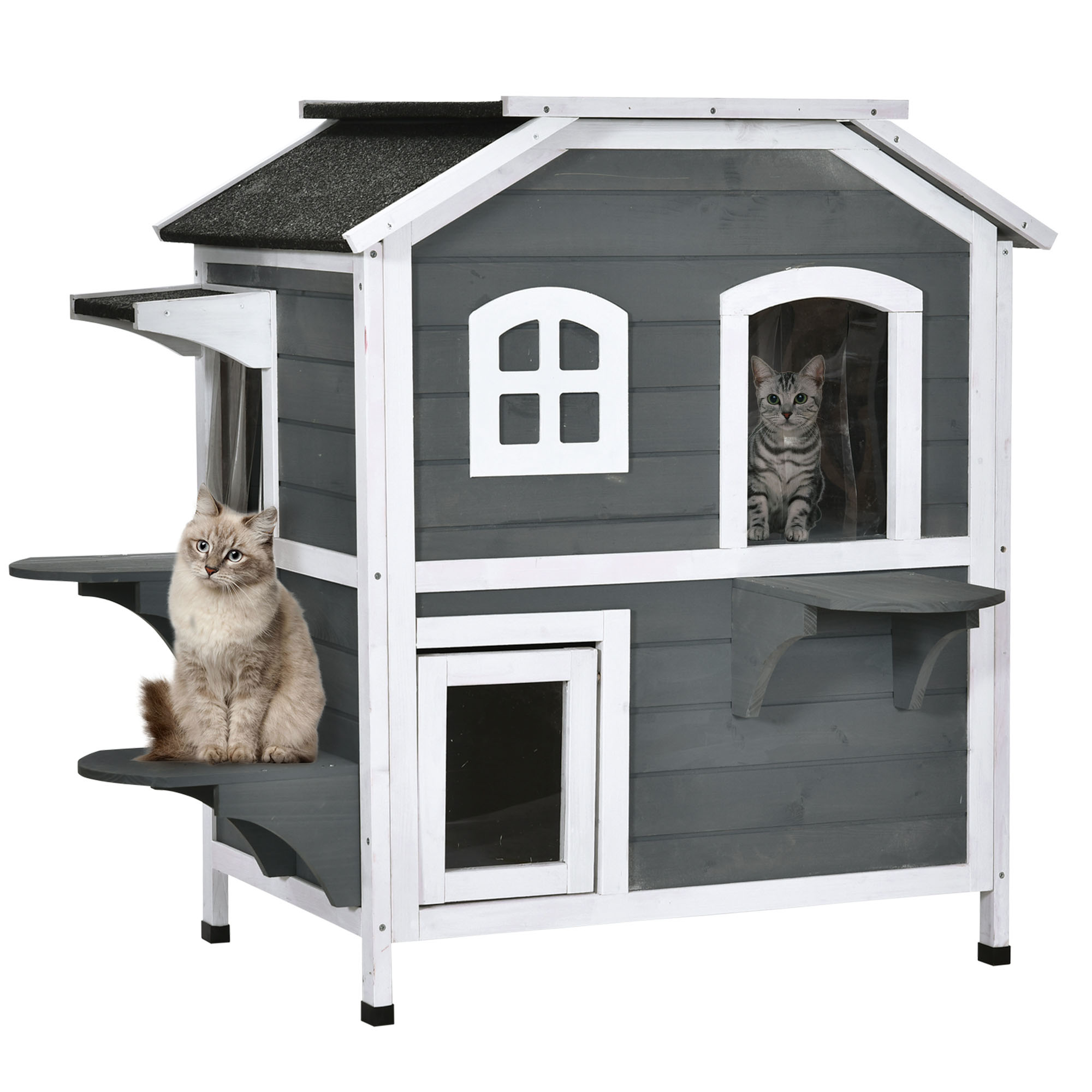 PawHut Katzenhaus mit Asphaltdach, Outdoor Katzenhütte mit Treppen, 2-Etage günstig online kaufen