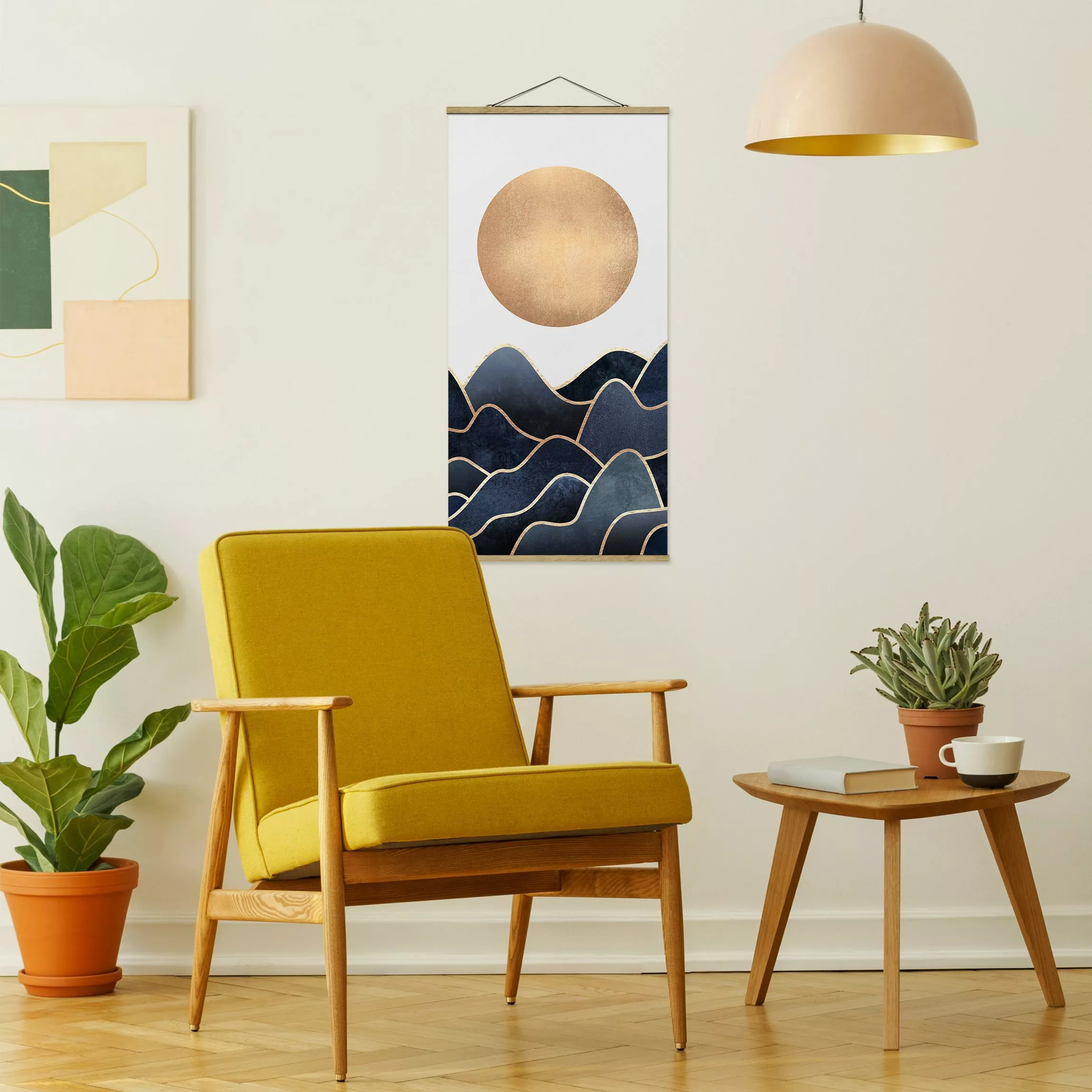 Stoffbild Abstrakt mit Posterleisten - Hochformat Goldene Sonne blaue Welle günstig online kaufen
