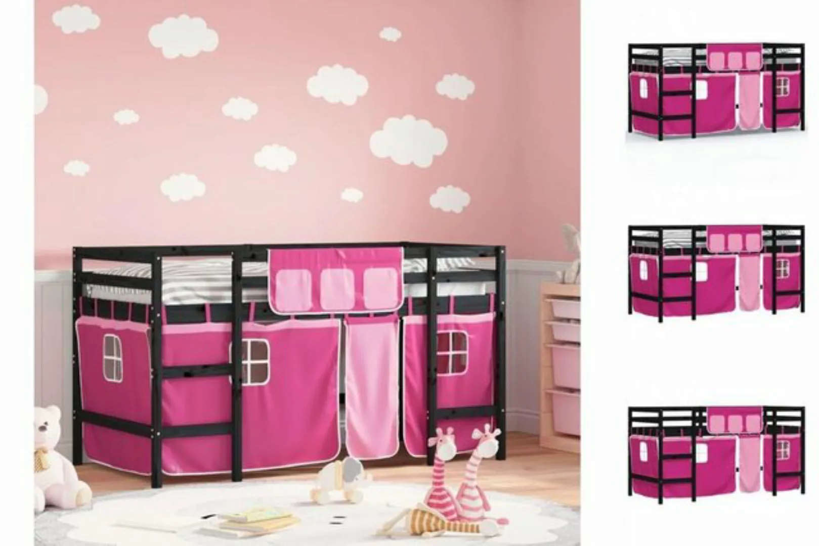 vidaXL Kinderbett Kinderhochbett mit Vorhängen Rosa 90x200 cm Massivholz Ki günstig online kaufen