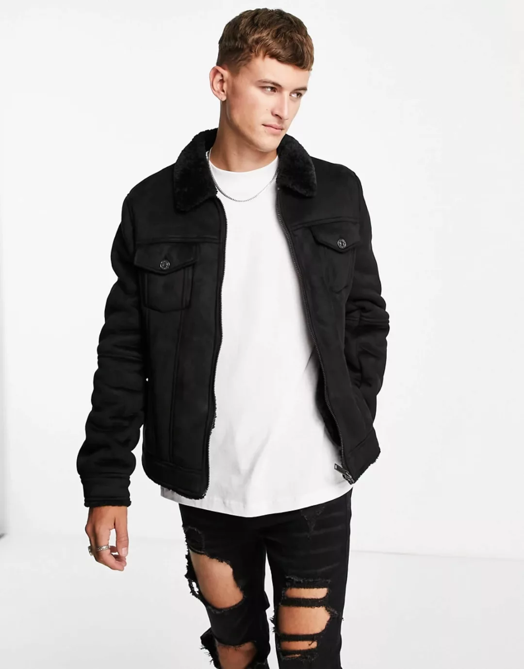 River Island – Jacke in Schwarz im Western-Stil mit Teddy-Futter günstig online kaufen