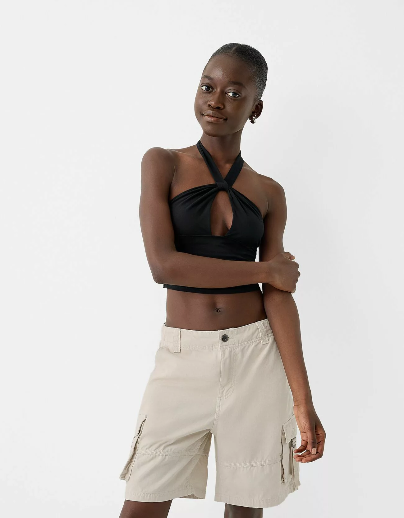 Bershka Cargo-Bermudas Mit Bändern Damen M Rohweiß günstig online kaufen