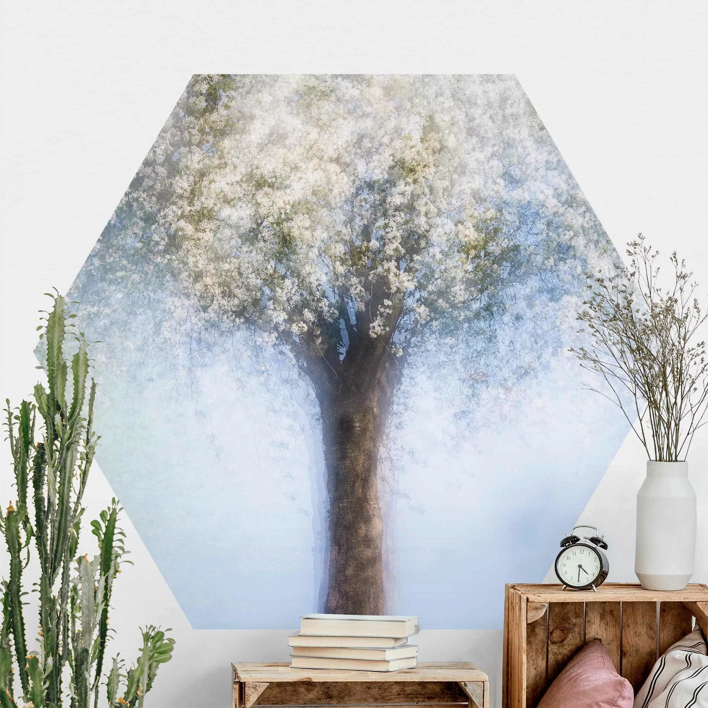 Hexagon Mustertapete selbstklebend Verträumter Baum günstig online kaufen