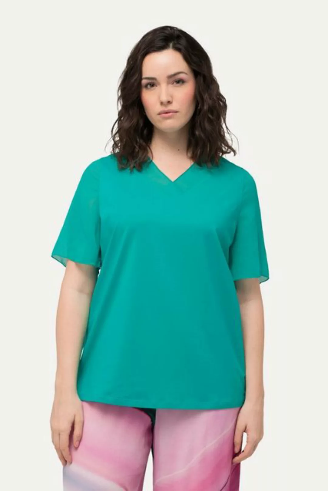 Ulla Popken T-Shirt T-Shirt Chiffon-Blende V-Ausschnitt günstig online kaufen