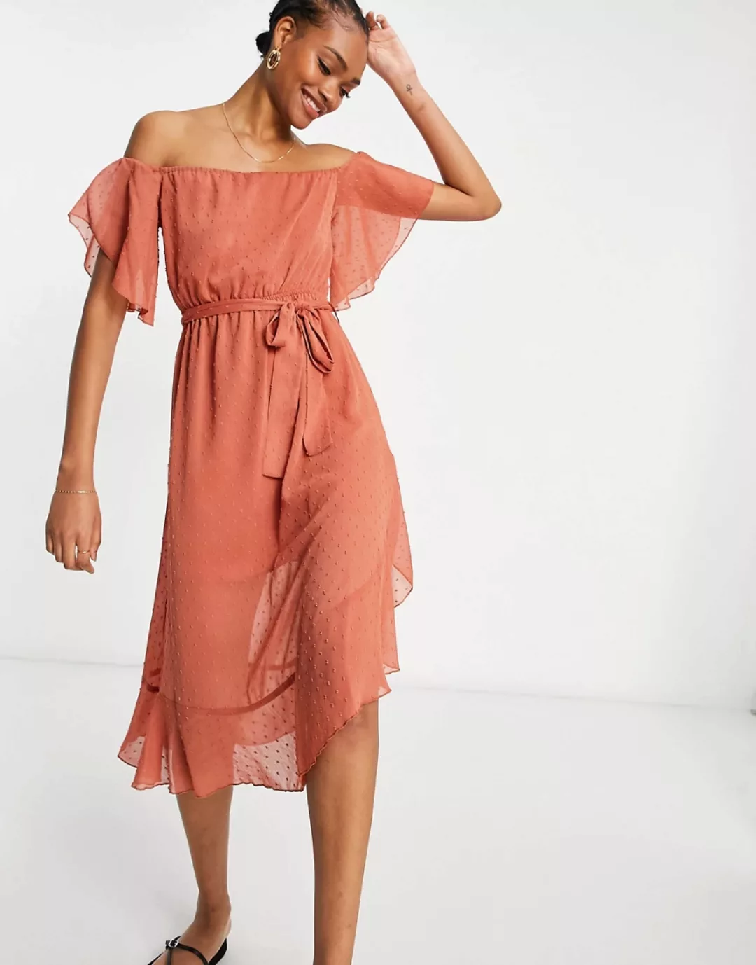 River Island – Maxikleid in Rostrot mit Carmenausschnitt günstig online kaufen