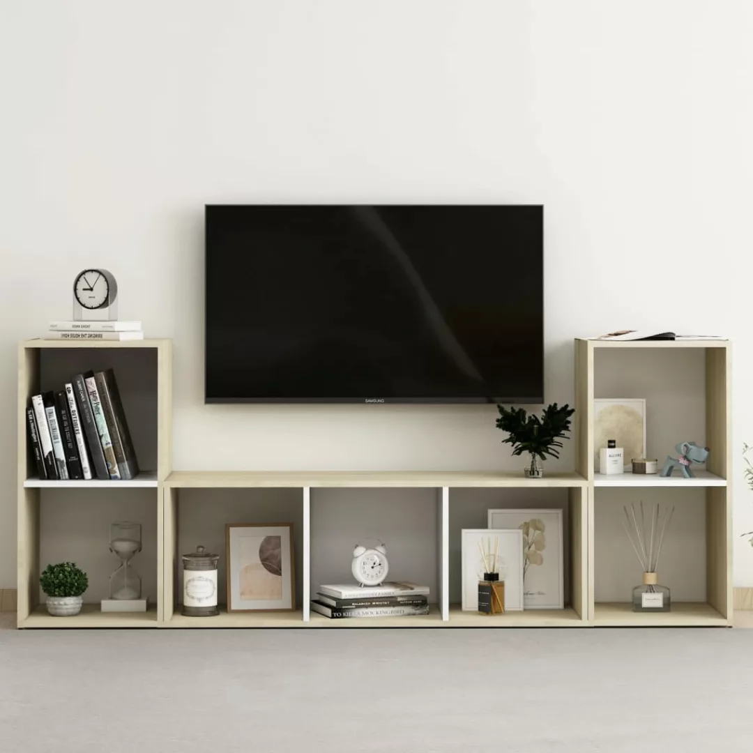 vidaXL TV-Schrank 3-tlg TV-Schrank-Set Weiß Sonoma-Eiche Spanplatte günstig online kaufen