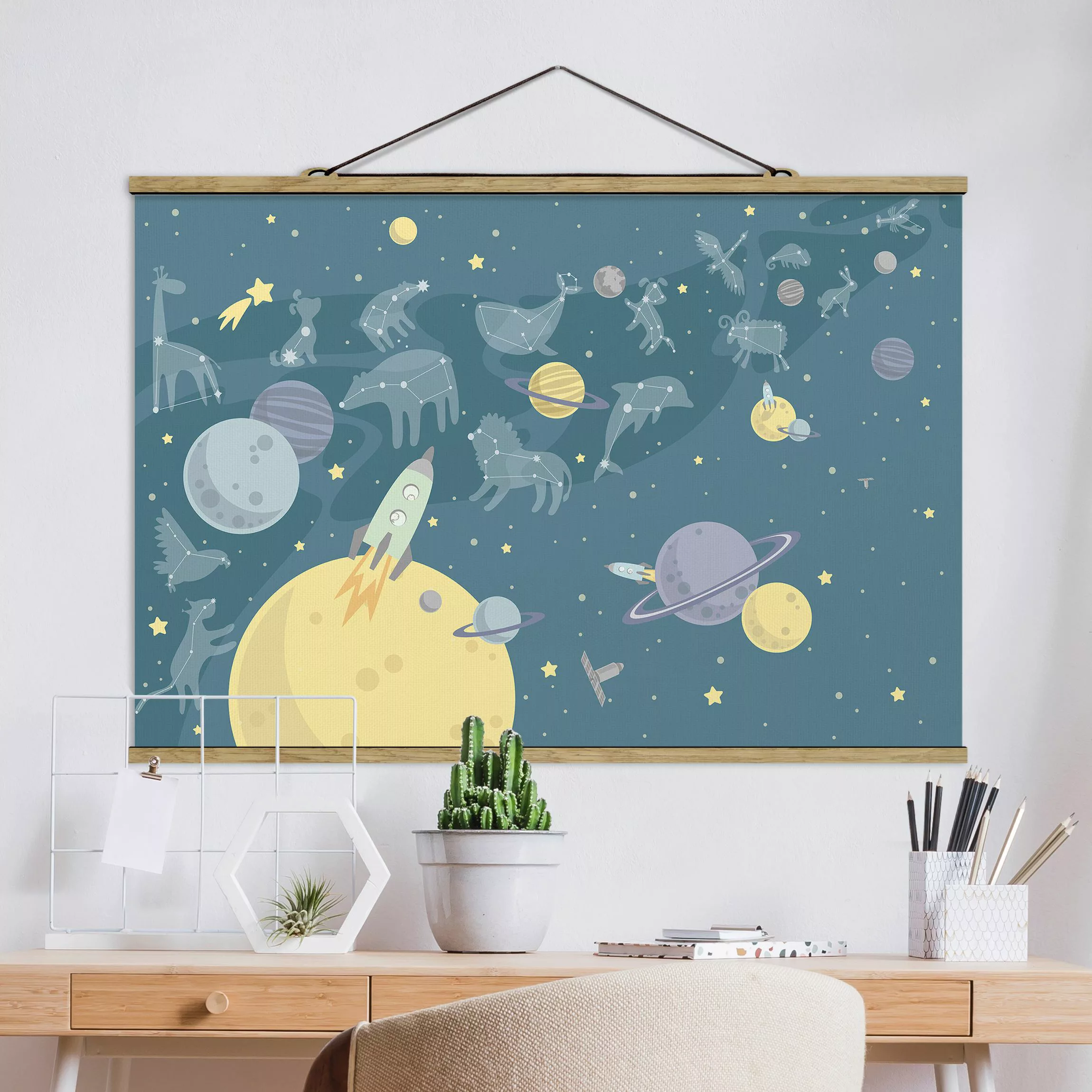 Stoffbild Kinderzimmer mit Posterleisten - Querformat Planeten mit Sternzei günstig online kaufen
