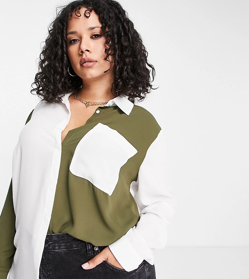 ASOS DESIGN Curve – Hemdbluse mit Farbblock-Design in Elfenbein und Khaki-M günstig online kaufen