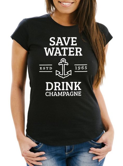 MoonWorks Print-Shirt Damen T-Shirt Save water drink Champagne Slim Fit Moo günstig online kaufen