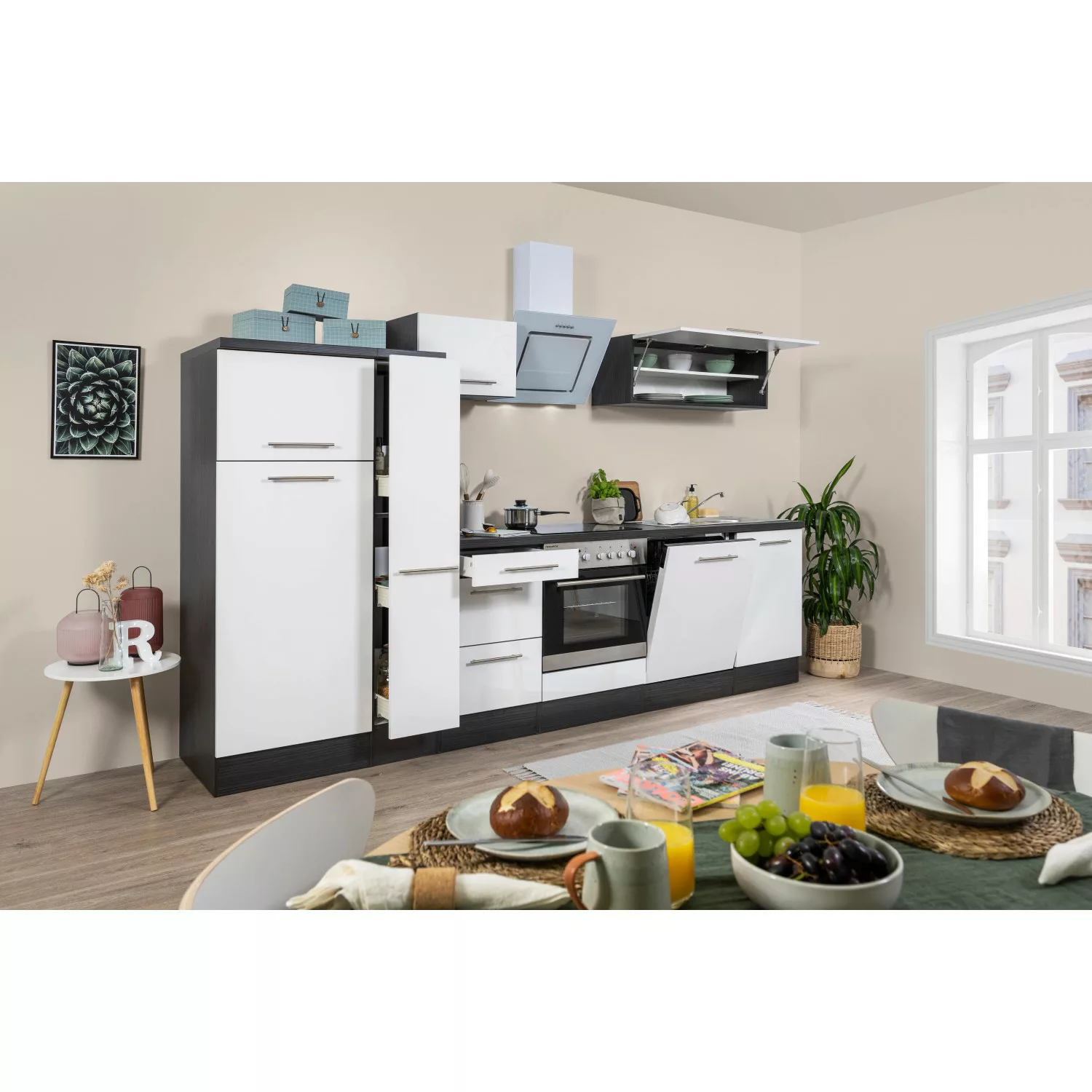 Respekta Premium Küchenzeile 310 cm Schwarz Hochglanz-Eiche Grau günstig online kaufen