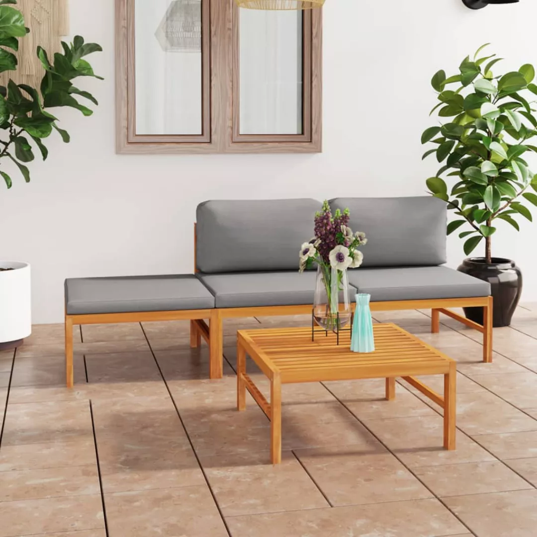 4-tlg. Garten-lounge-set Mit Grauen Kissen Massivholz Teak günstig online kaufen