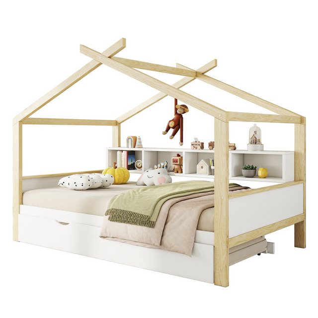 TavilaEcon Kinderbett Holzbett Hausbett mit vier Staufächern, 140x200cm, au günstig online kaufen